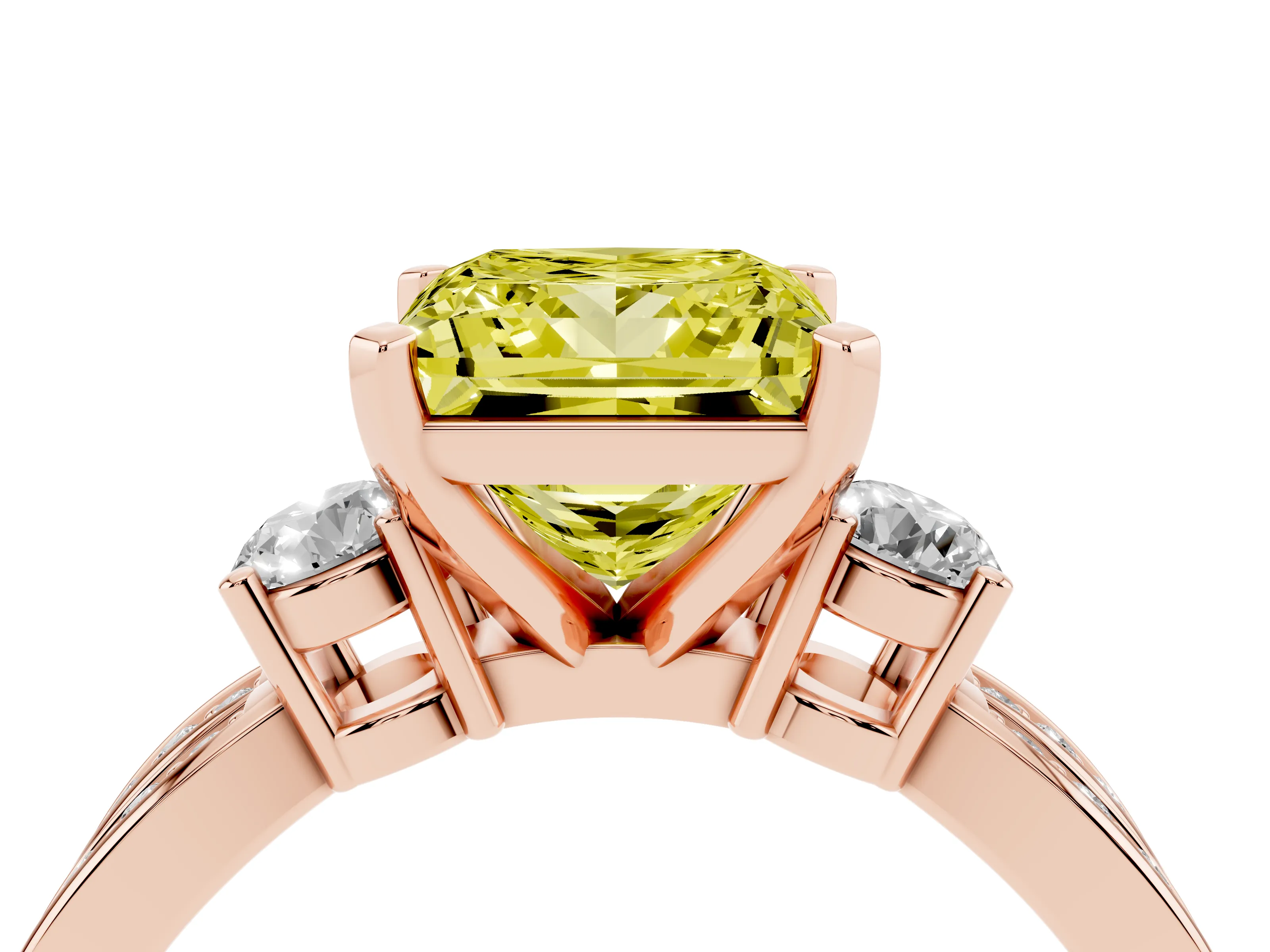 Fancy Yellow Three-Stone Princess Cut Diamond Twist Band Ring Set in Rose gold with Pavé Accents and Prong Setting