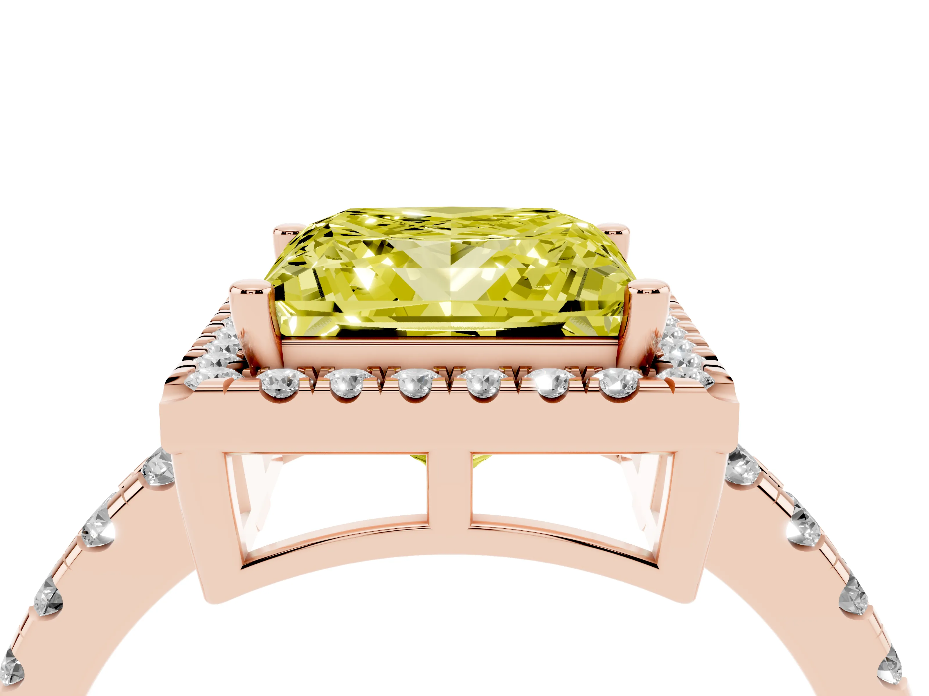 Fancy Yellow Princess Cut Diamond Halo Ring Set in Rose gold with Delicate Pavé Band and Prong Setting