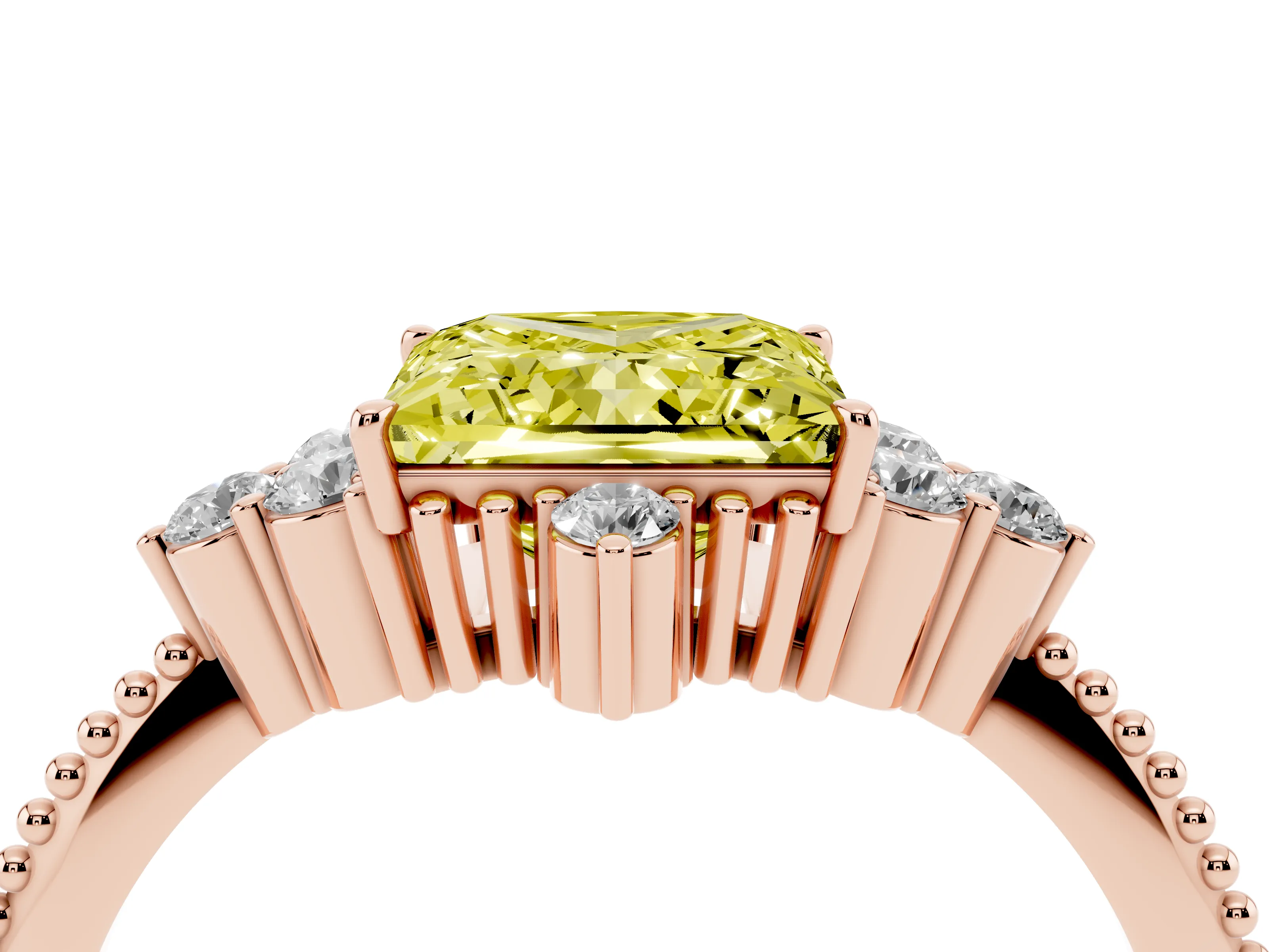 Fancy Yellow Princess Cut Diamond Cluster Ring Set in Rose gold with Beaded Band