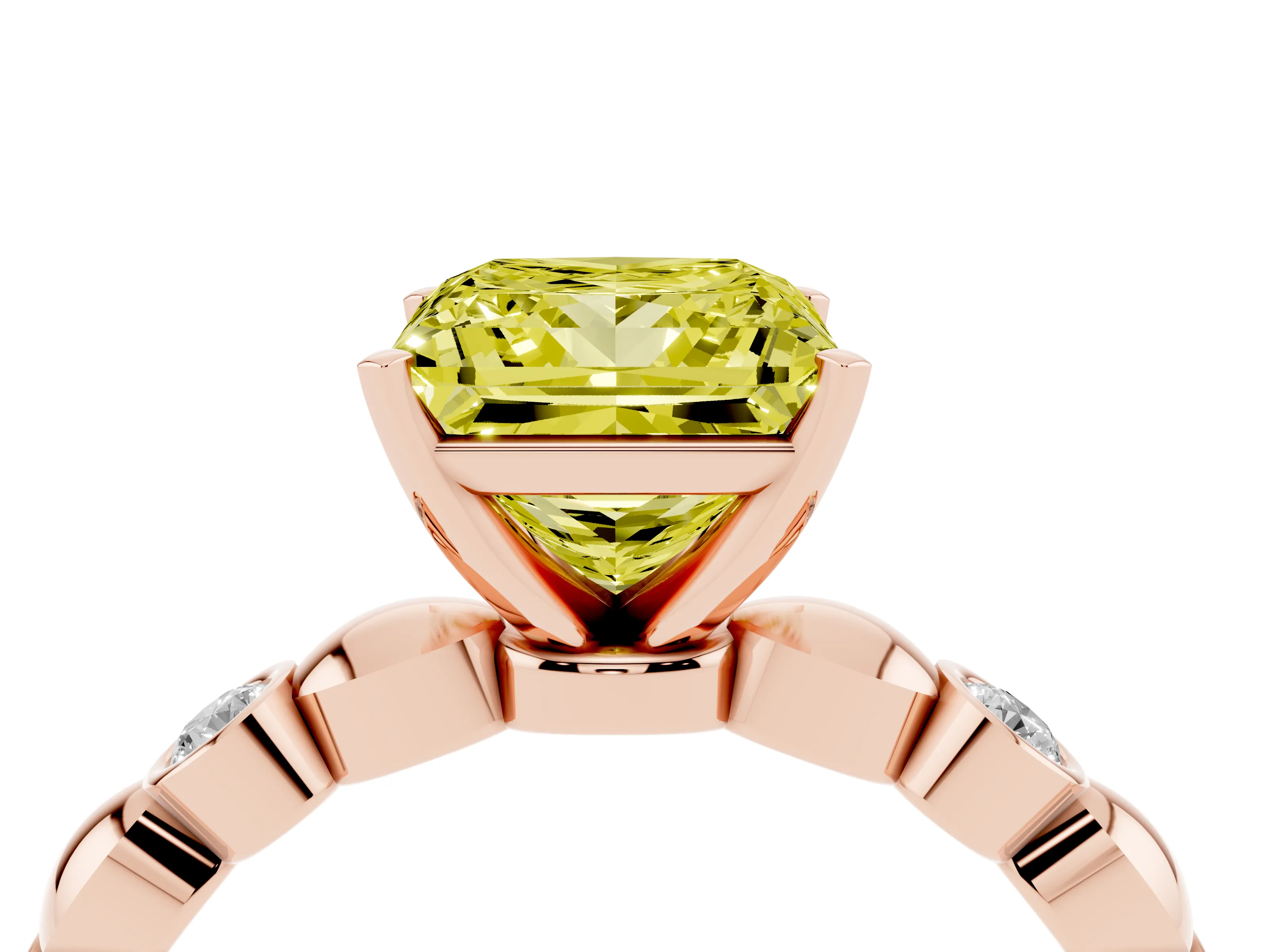 Fancy Yellow Princess Cut Diamond Solitaire Ring Set in Rose gold with Bezel-Set Accents on Beaded Band and Prong Setting