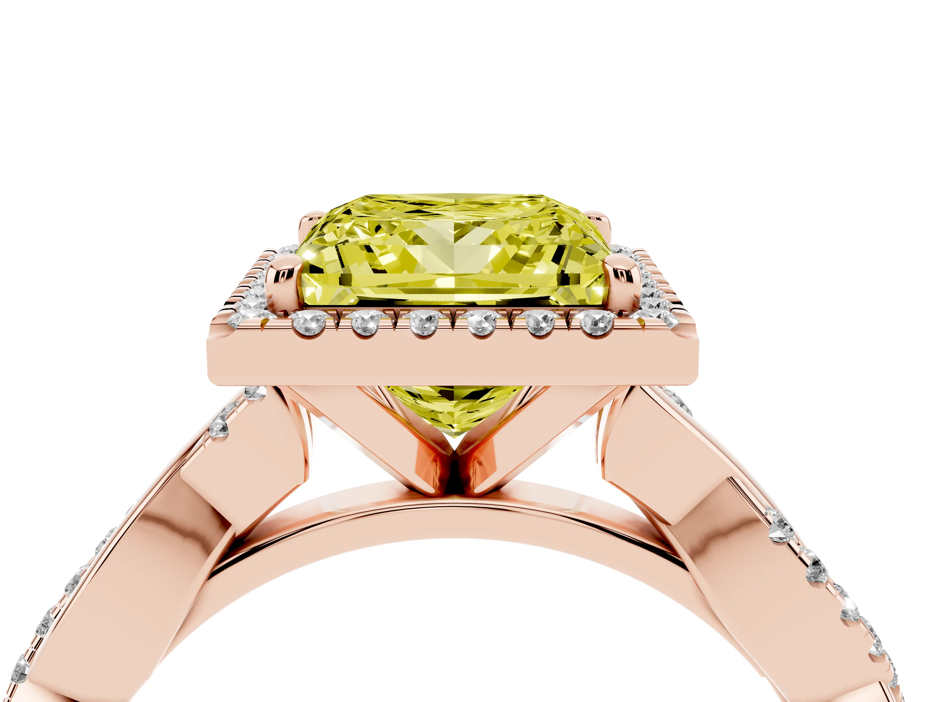 Fancy Yellow Princess Cut Diamond Halo Twisted Band Ring Set in Rose gold with Prong Setting