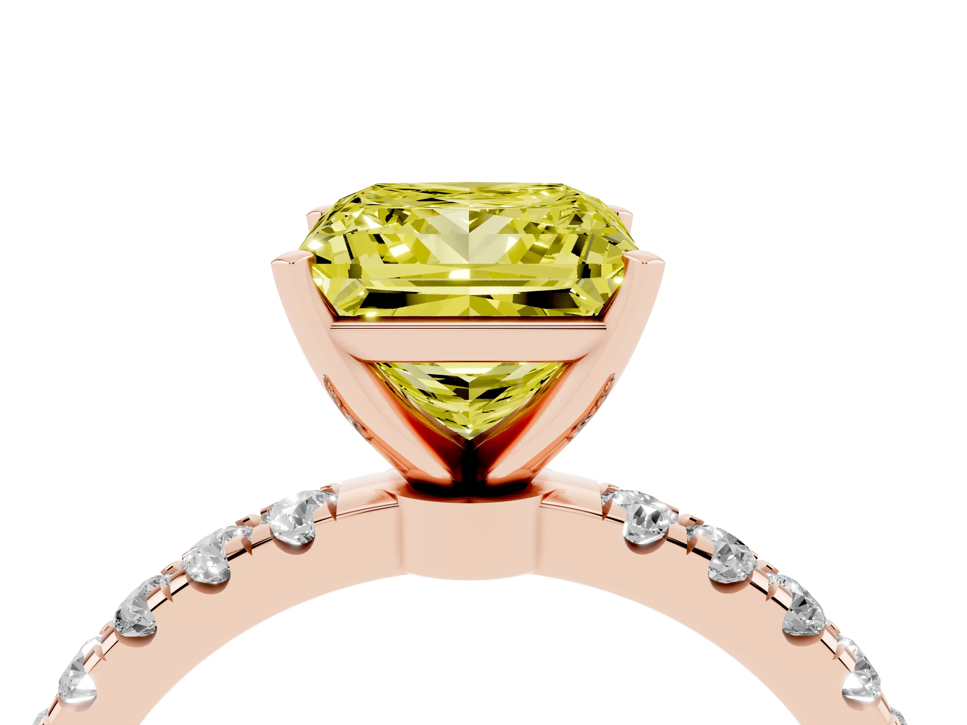 Fancy Yellow Princess Cut Diamond Solitaire Ring Set in Rose gold with Pavé Accents and Prong Setting