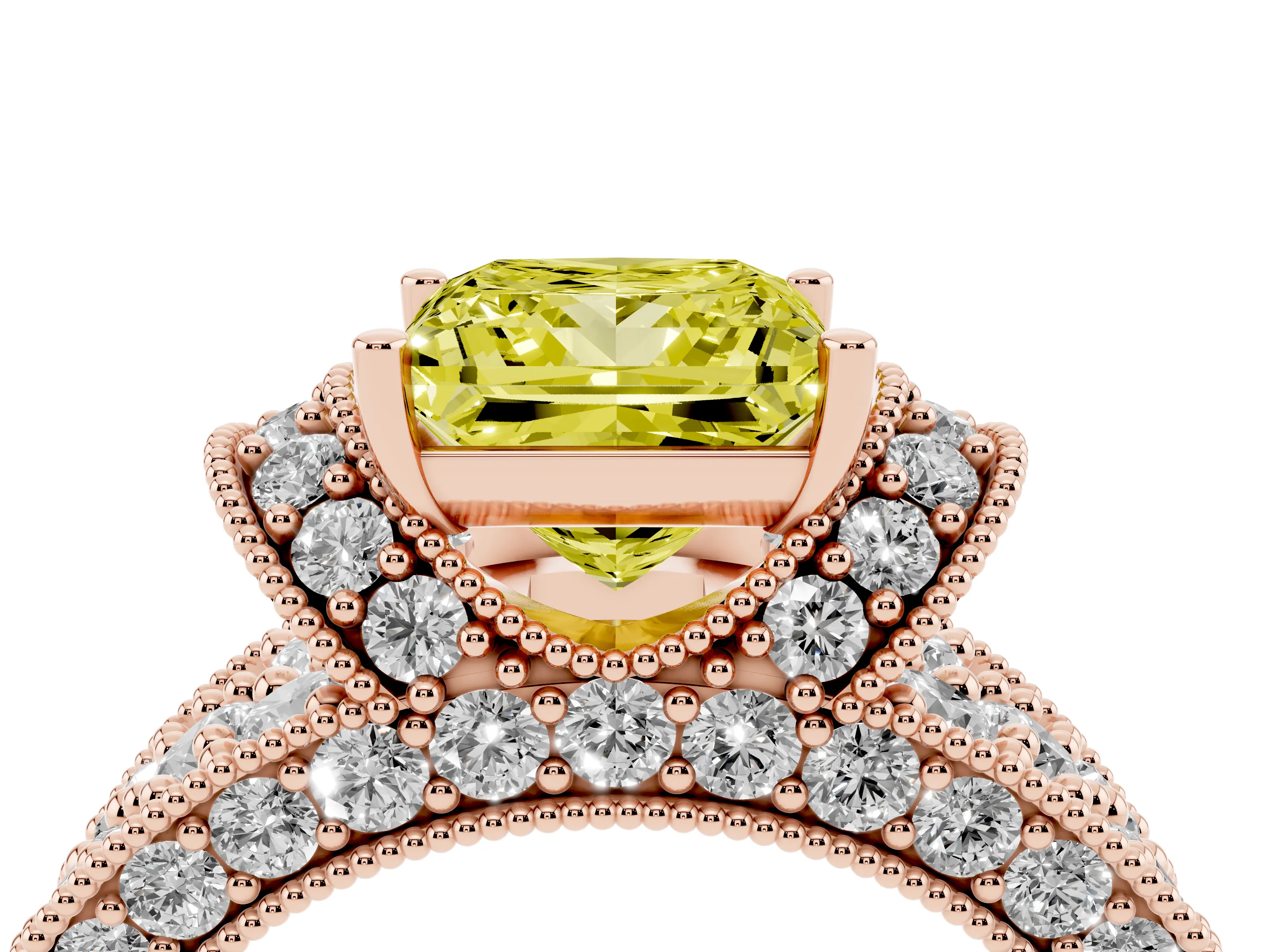 Fancy Yellow Princess Cut Diamond Milgrain Halo Pavé Engagement Ring Set in Rose gold with Prong Setting