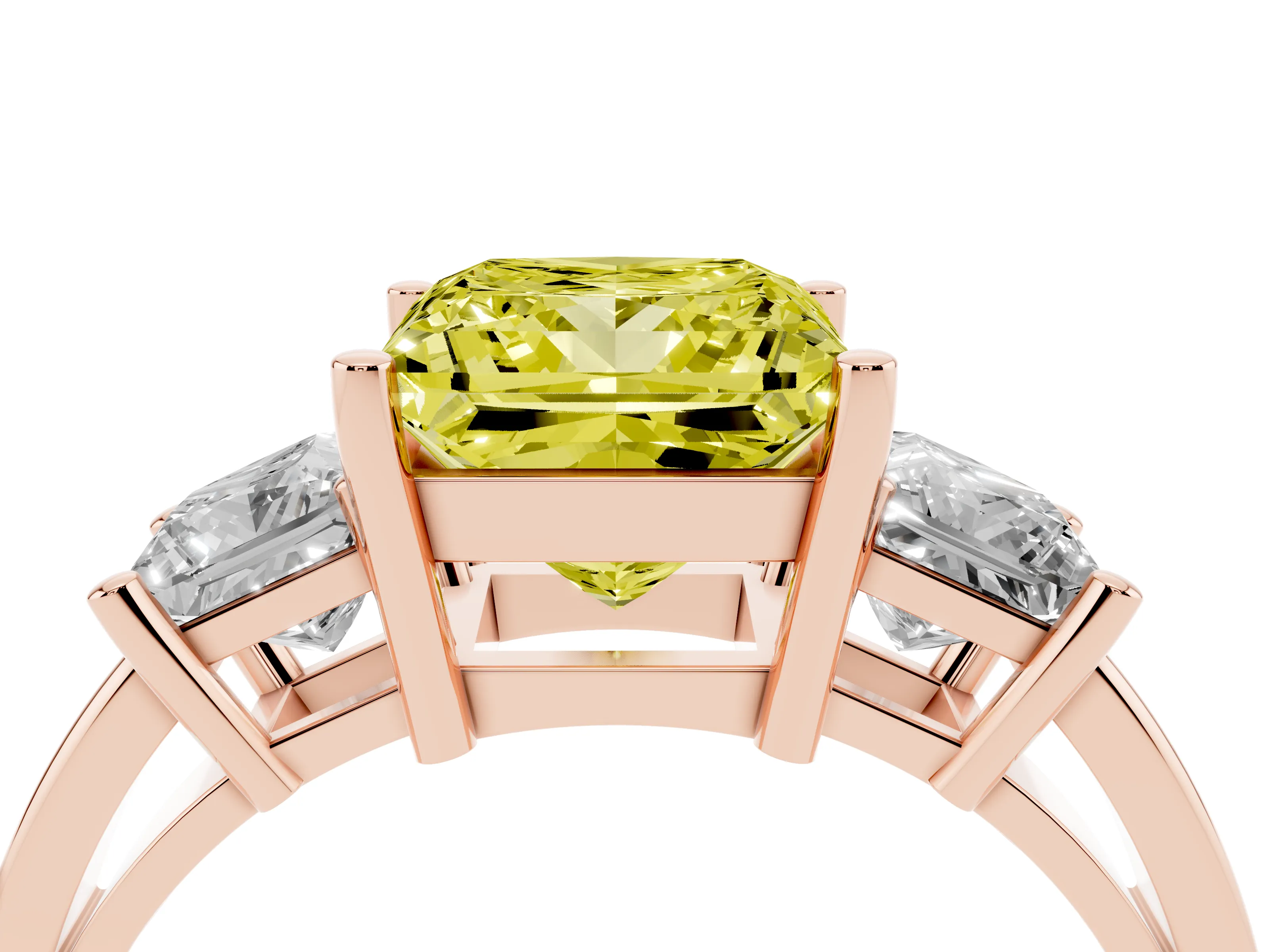 Fancy Yellow Three-Stone Princess Cut Diamond Solitaire Ring Set in Rose gold with Prong Setting