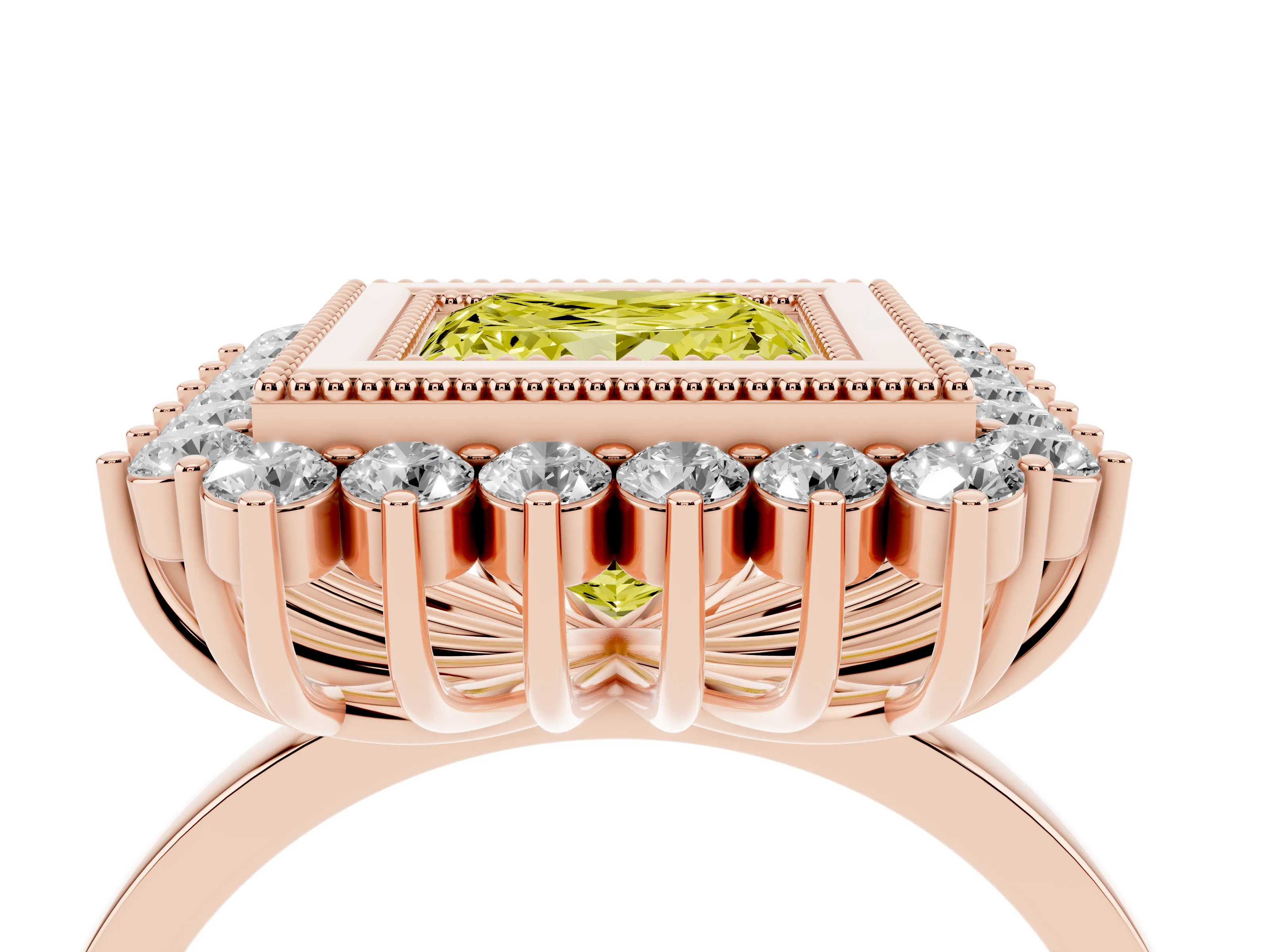 Fancy Yellow Princess Cut Diamond Halo Ring Set in Rose gold with Milgrain Edge and Round Prong Setting