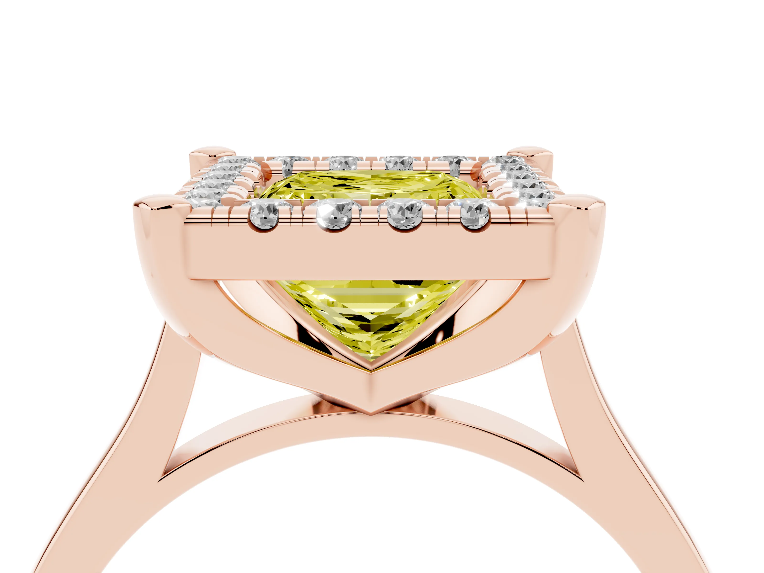Fancy Yellow Princess Cut Diamond Cluster Halo Solitaire Ring Set in Rose gold with Prong Setting