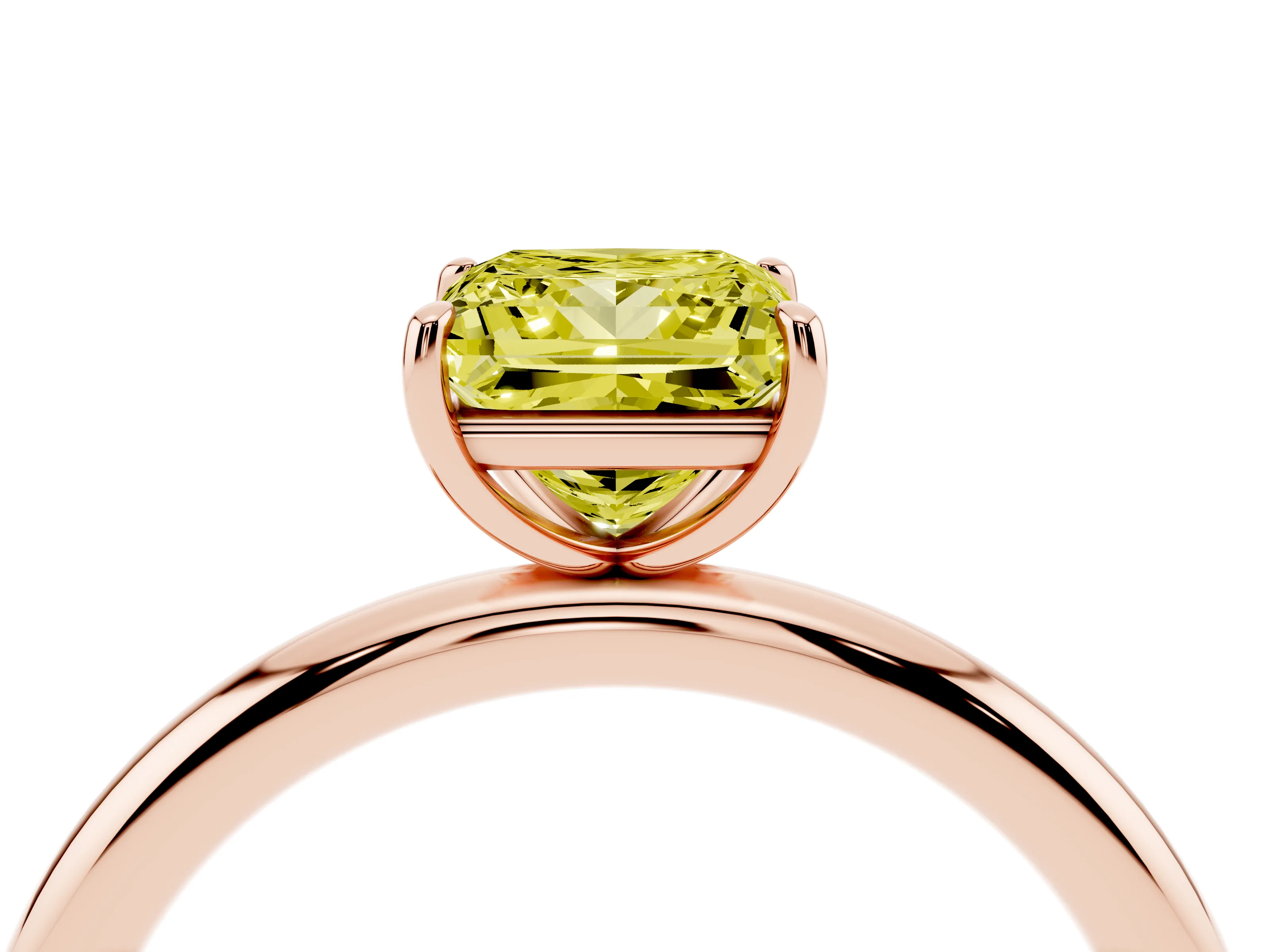 Fancy Yellow Princess Cut Diamond Solitaire Ring Set in Rose gold with Prong Setting on a Polished Plain Band