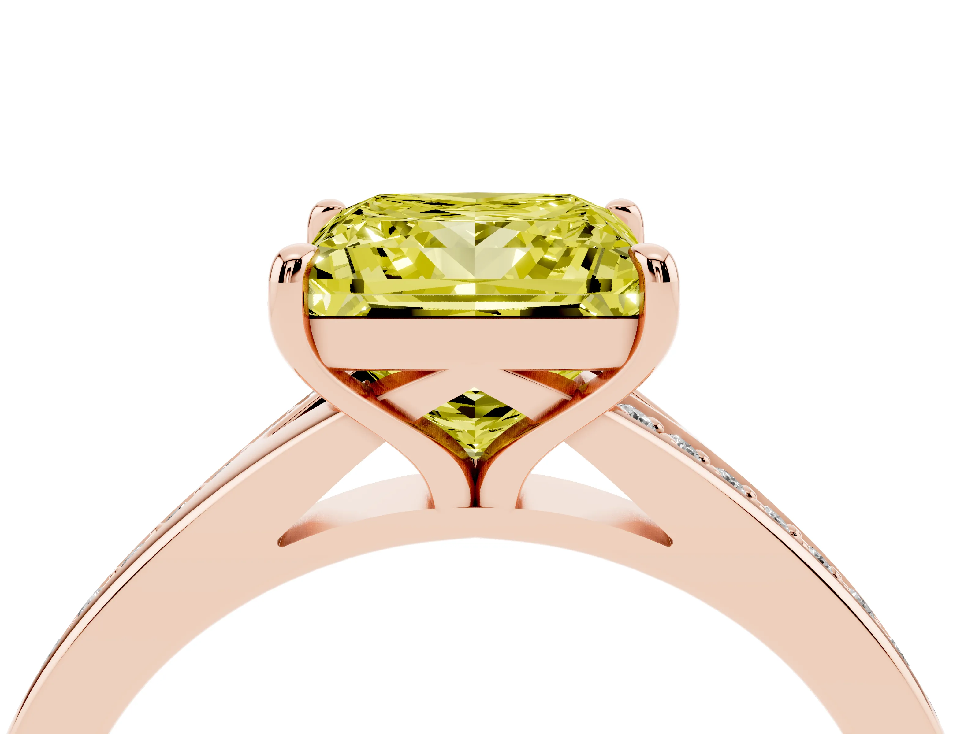 Fancy Yellow Princess Cut Diamond Solitaire Ring Set in Rose gold with Pavé Accent Band and Classic Prong Setting
