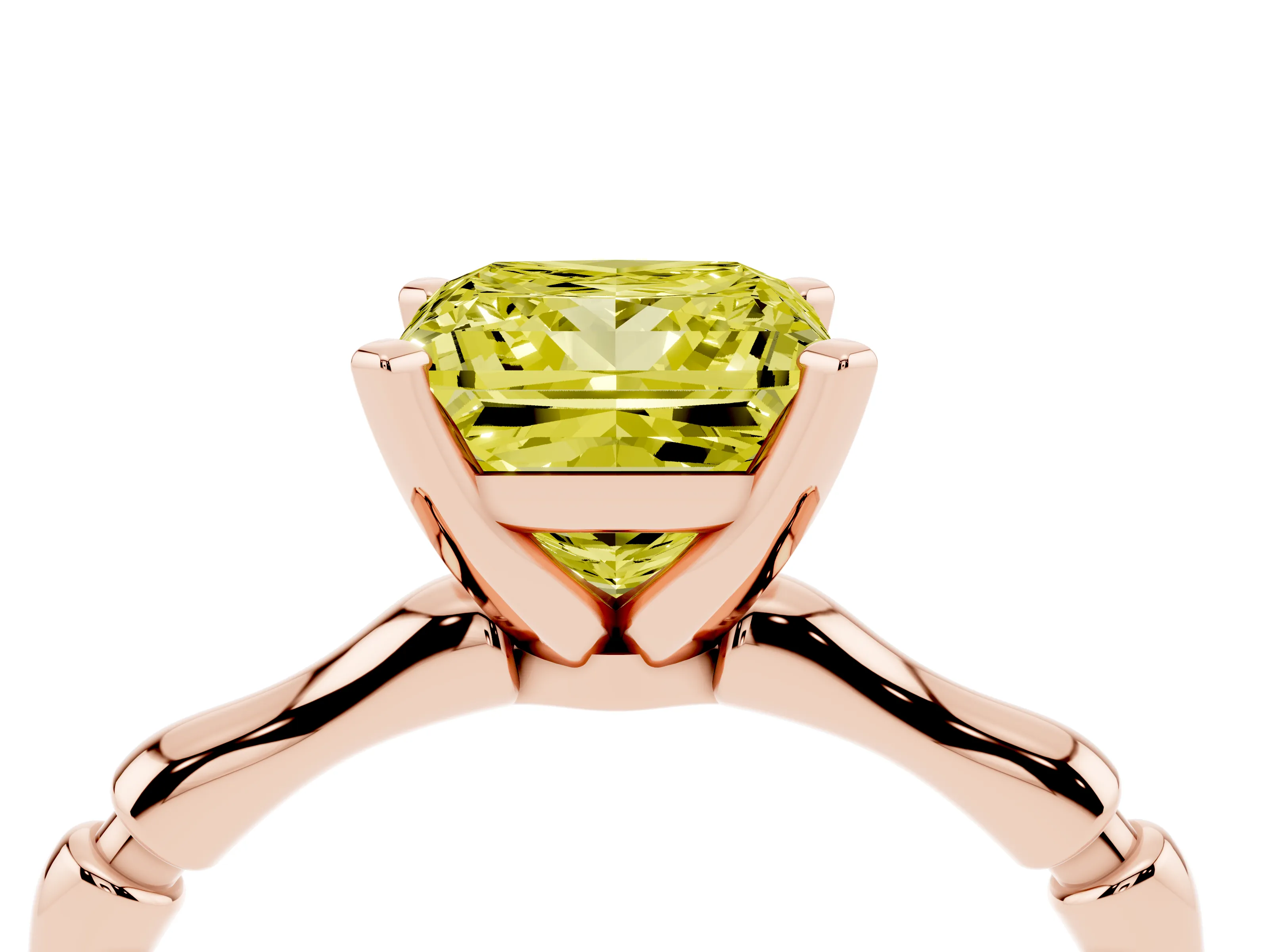 Fancy Yellow Princess Cut Diamond Solitaire Ring Set in Rose gold with Bamboo Band and Prong Setting