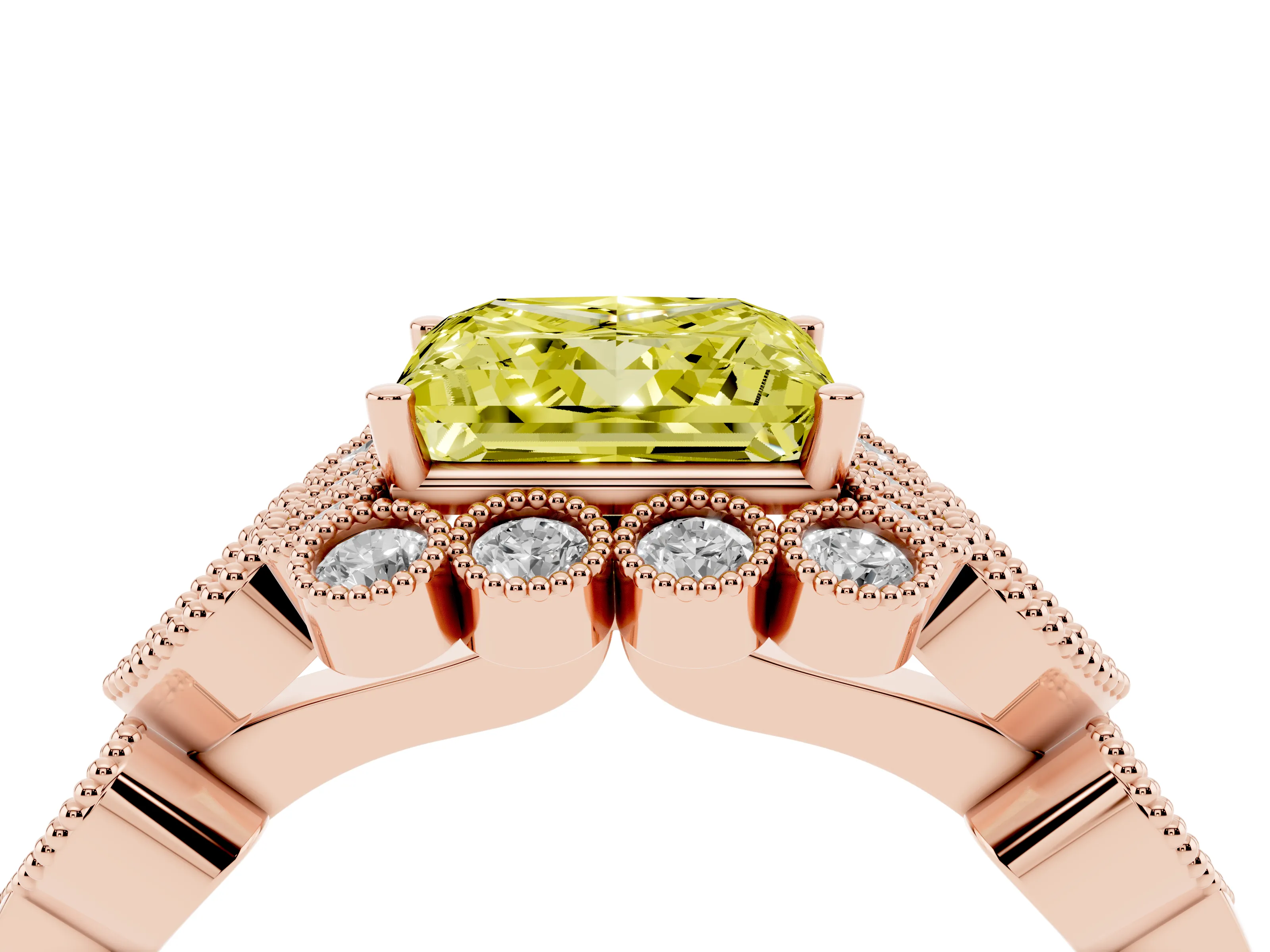 Fancy Yellow Princess Cut Diamond Solitaire Ring Set in Rose gold with Milgrain Pavé Heart Band