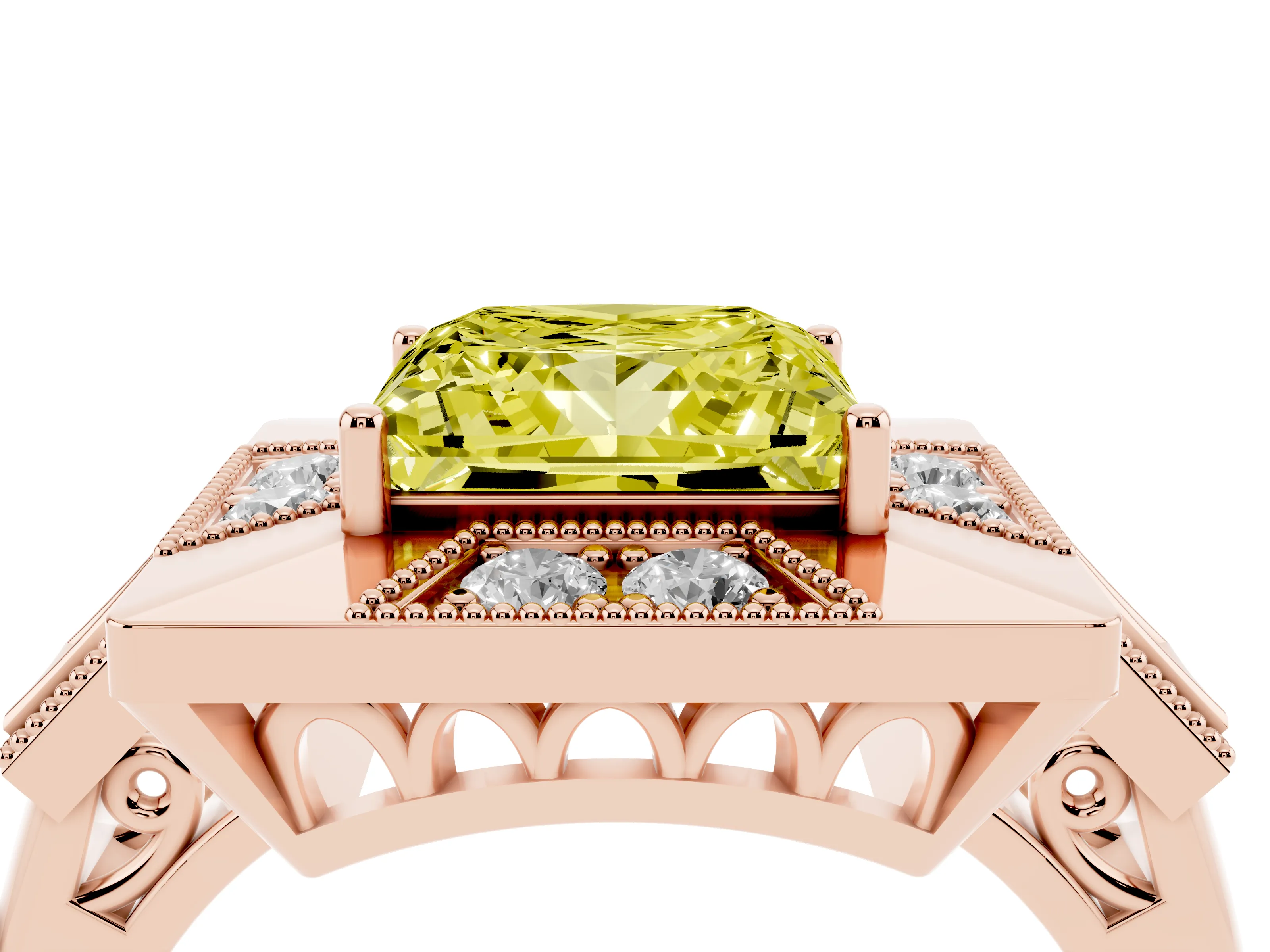 Fancy Yellow Princess Cut Diamond Milgrain Halo Ring Set in Rose gold with Split Shank