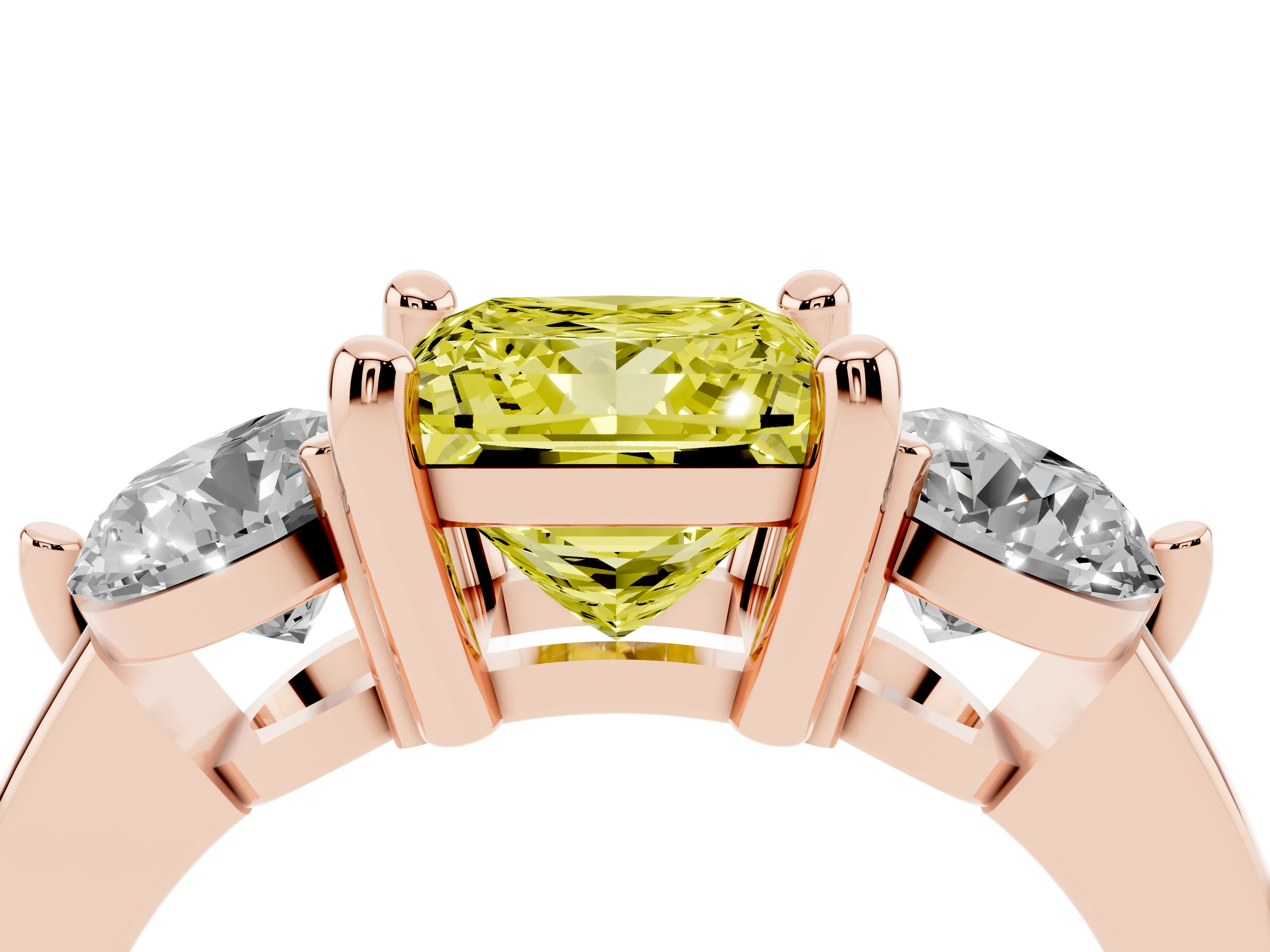 Fancy Yellow Princess Cut Diamond Three-Stone Ring Set in Rose gold with Prong Setting and Classic Band