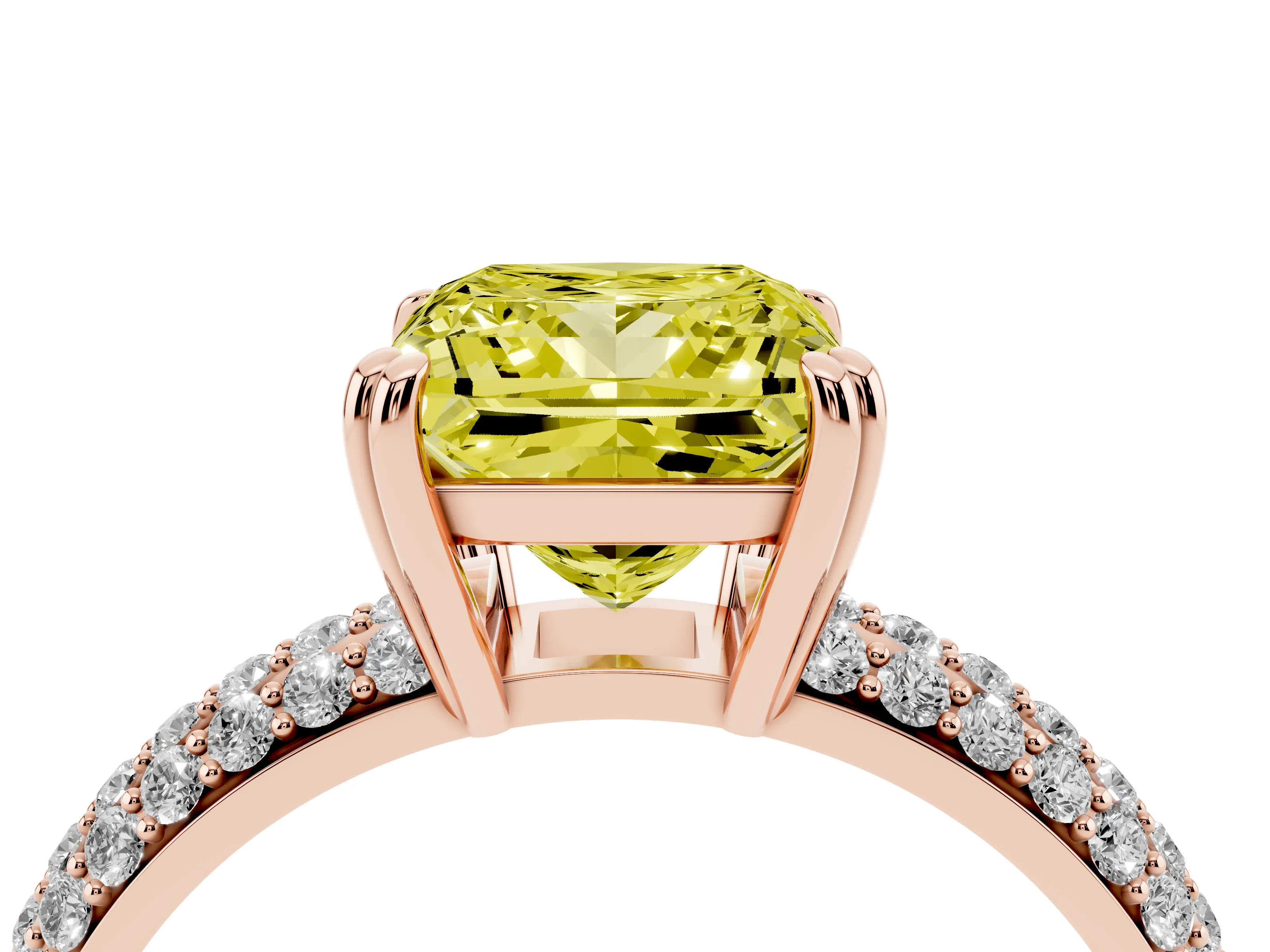 Fancy Yellow Princess Cut Diamond Solitaire Ring Set in Rose gold with Multi-Row Round Pavé Band and Prong Setting