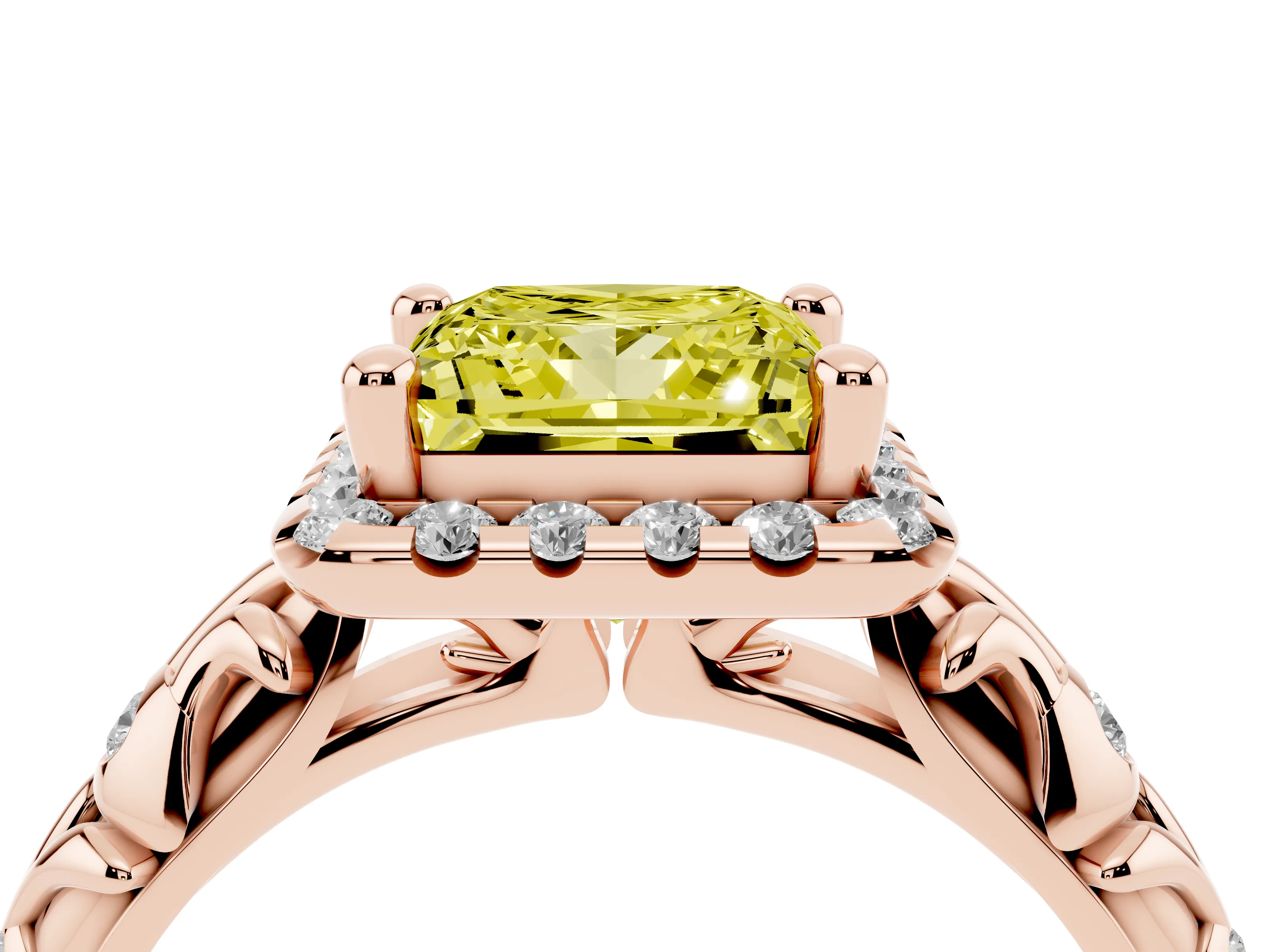 Fancy Yellow Princess Cut Diamond Halo Ring Set in Rose gold with Filigree Leaf Band and Prong Setting
