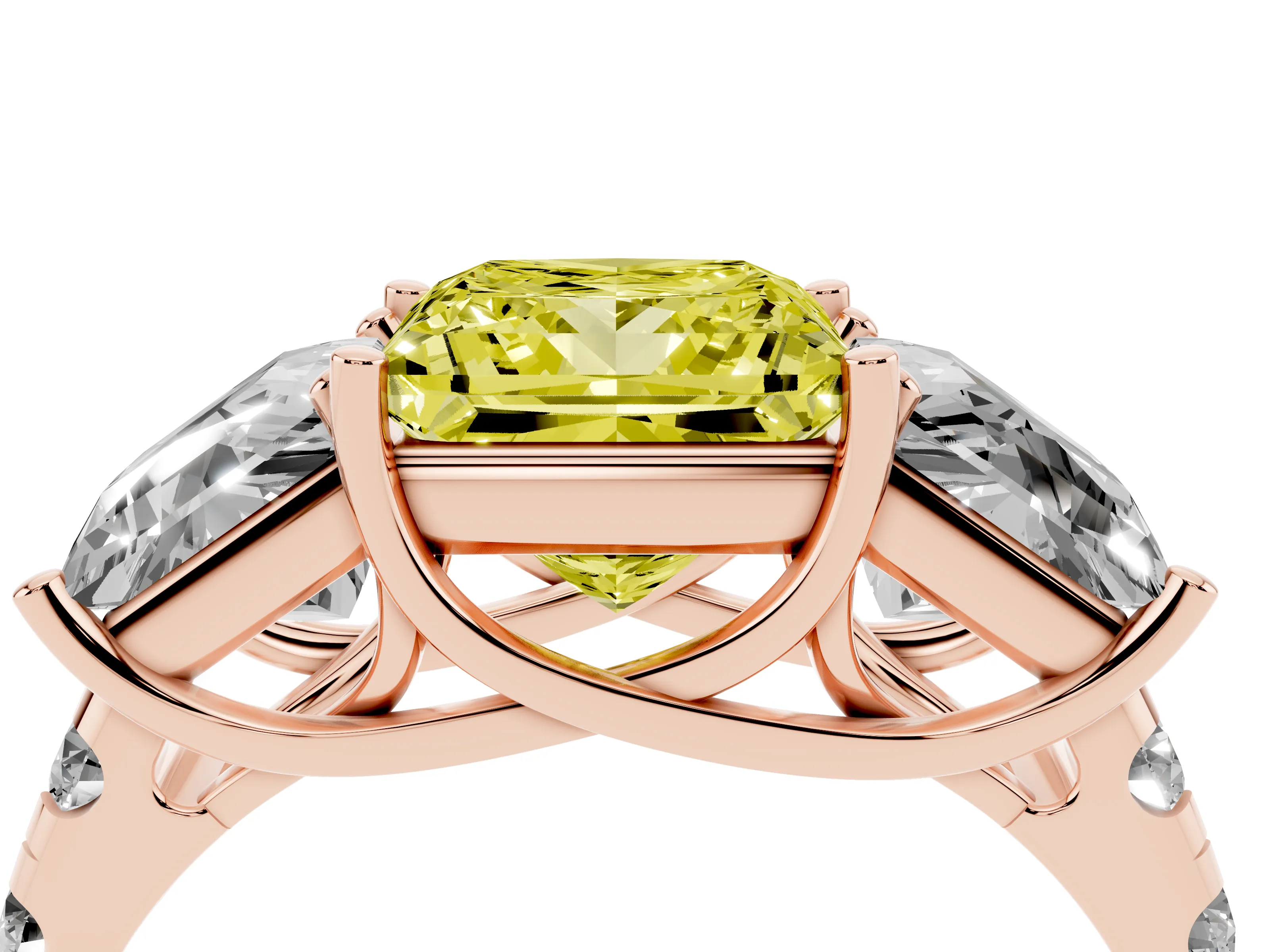 Fancy Yellow Princess Cut Diamond Three-Stone Ring Set in Rose gold with Pavé Band