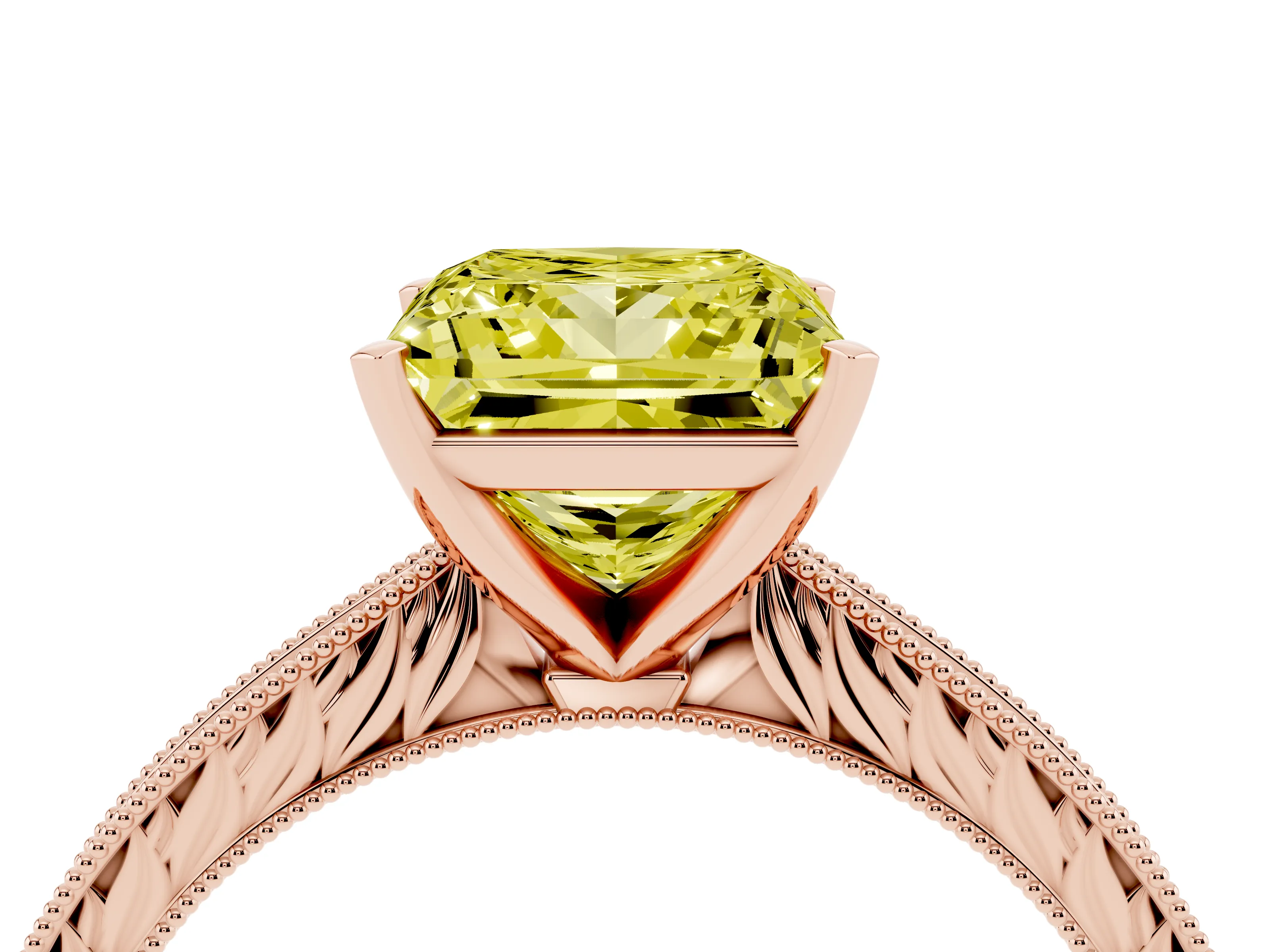Fancy Yellow Princess Cut Diamond Solitaire Milgrain Engraved Band Set in Rose gold with Prong Setting