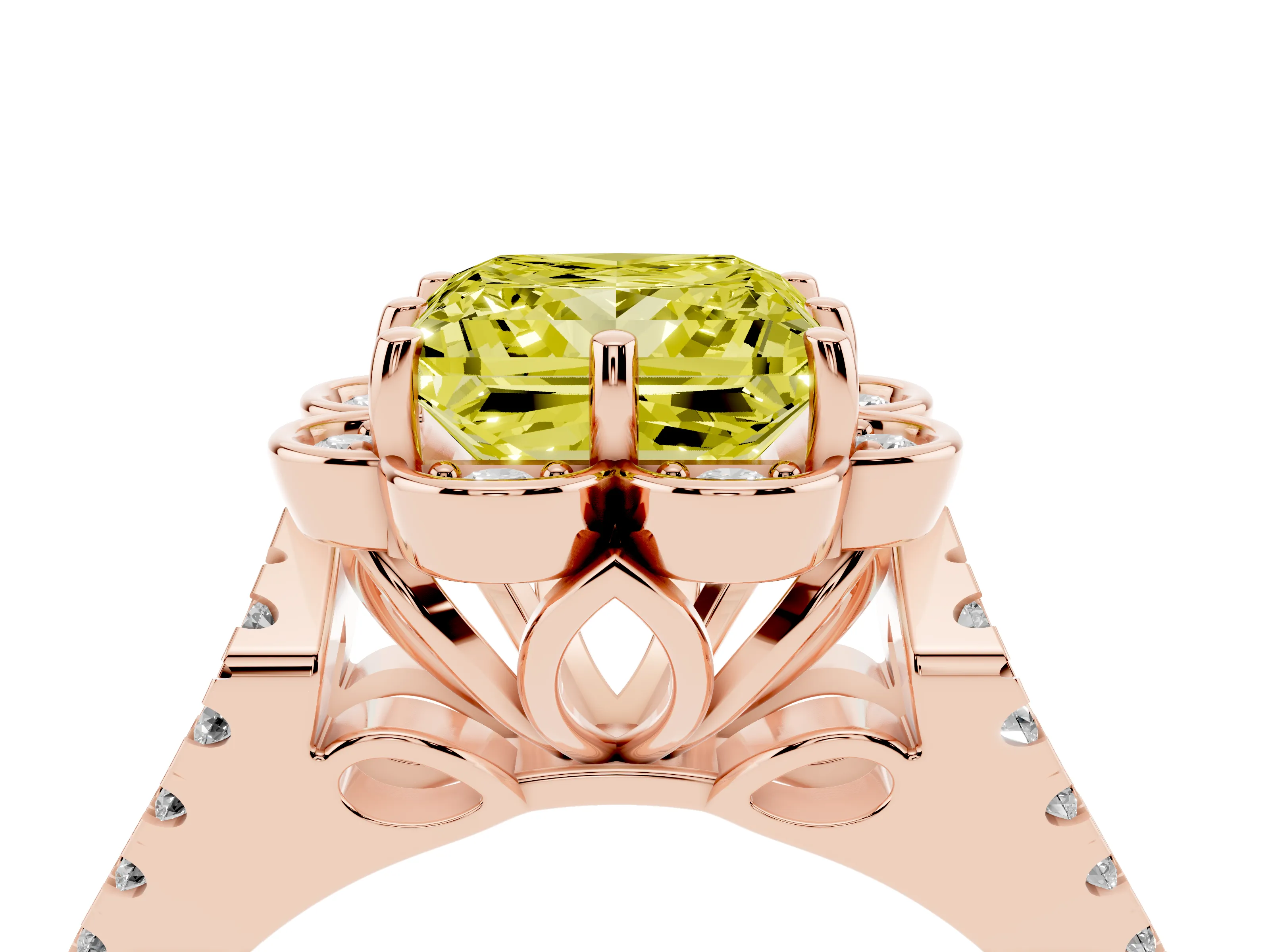 Fancy Yellow Princess Cut Diamond Floral Halo Split Shank Engagement Ring Set in Rose gold with Pavé Shank