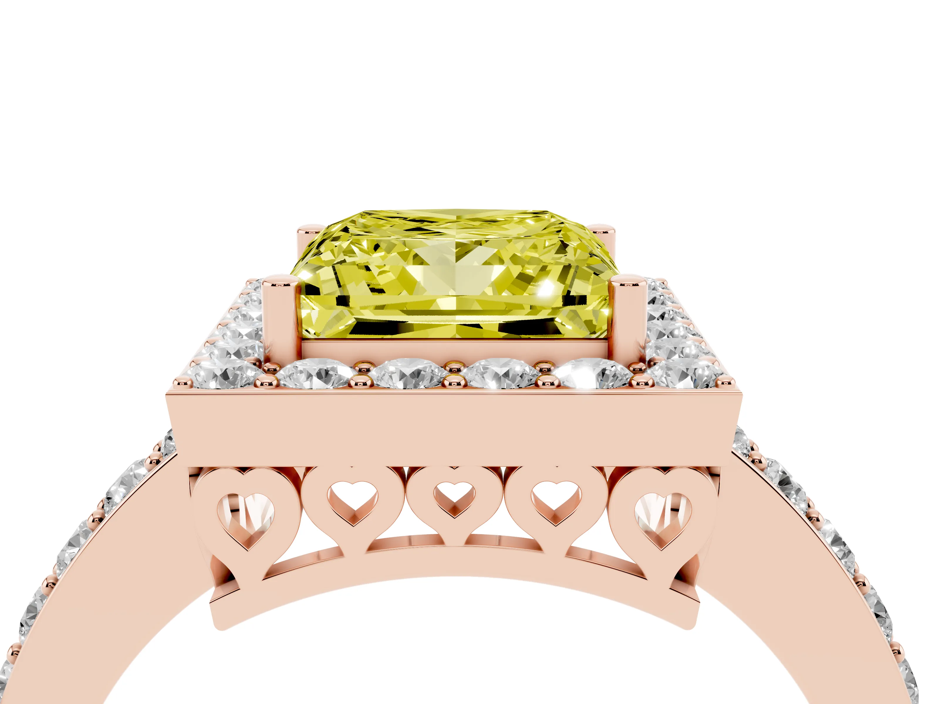 Fancy Yellow Princess Cut Diamond Halo Ring Set in Rose gold with Pavé-Setting Band and Open Prong Center
