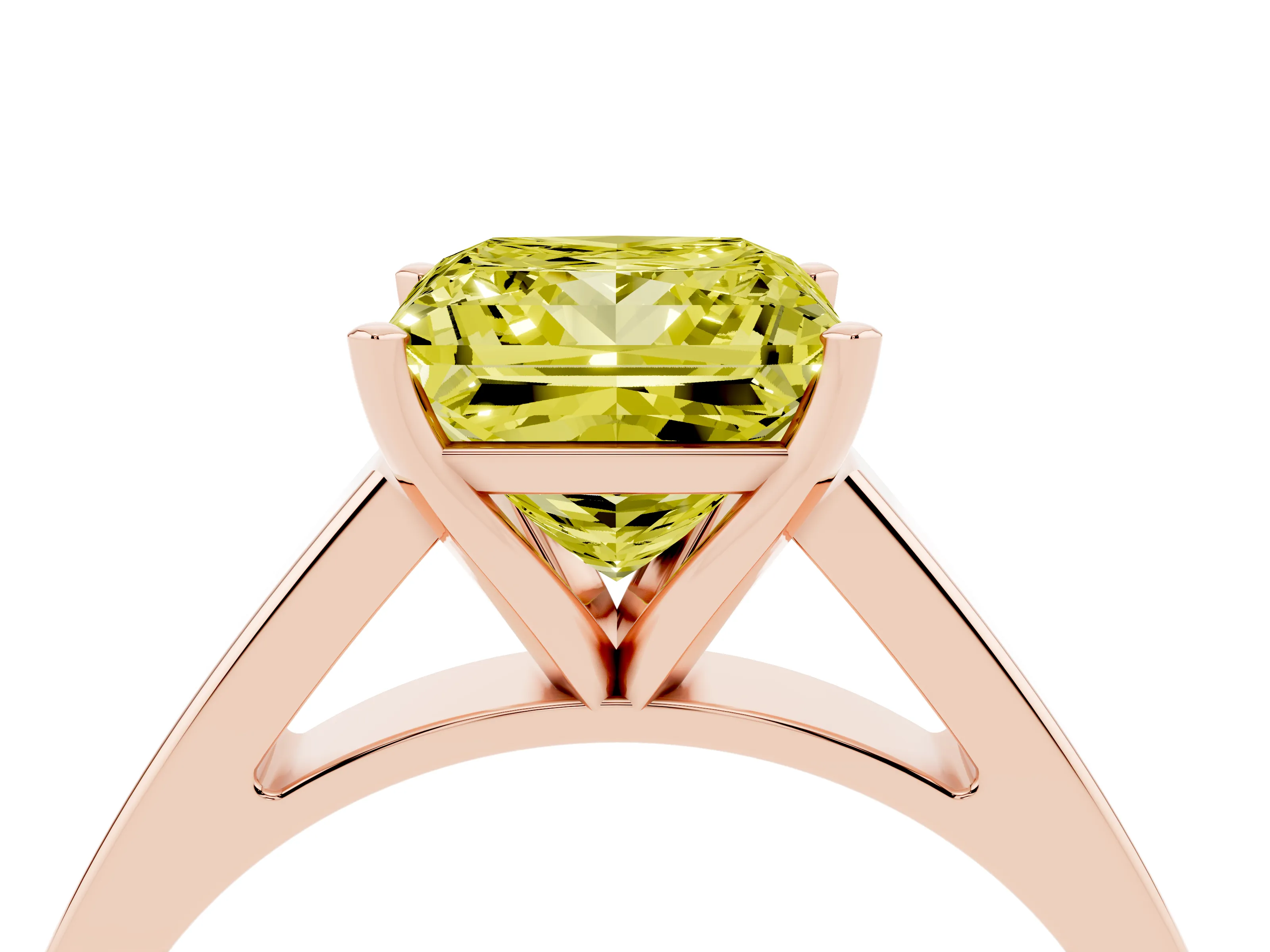 Fancy Yellow Princess Cut Diamond Solitaire Engagement Ring Set in Rose gold with Prong Setting and Tapered Band