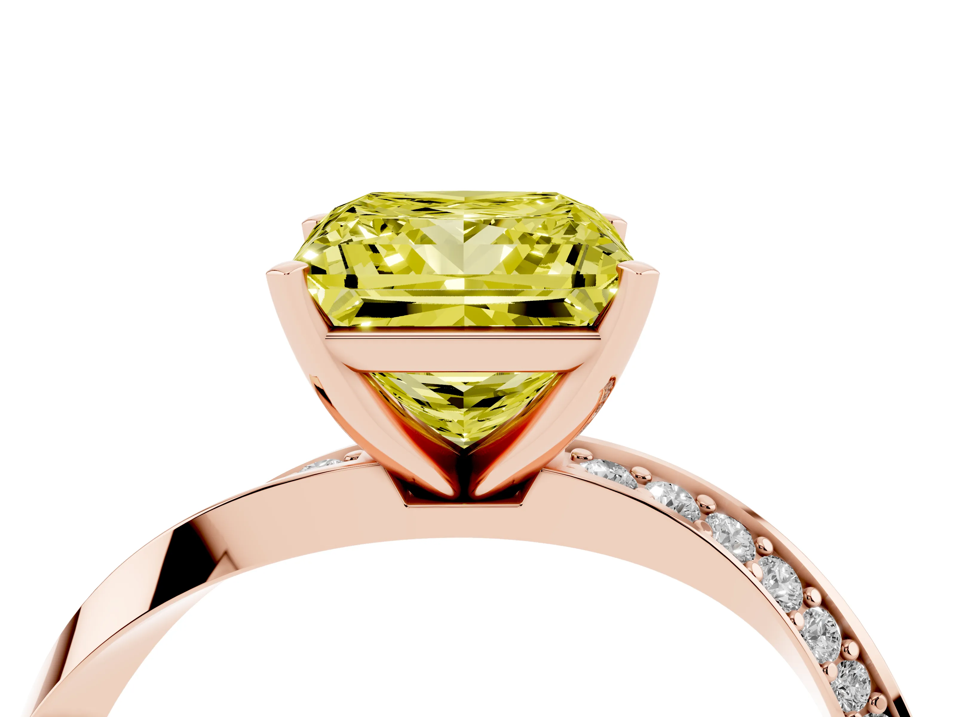 Fancy Yellow Princess Cut Diamond Engagement Ring Set in Rose gold with Side Stone Accents and Prong Setting