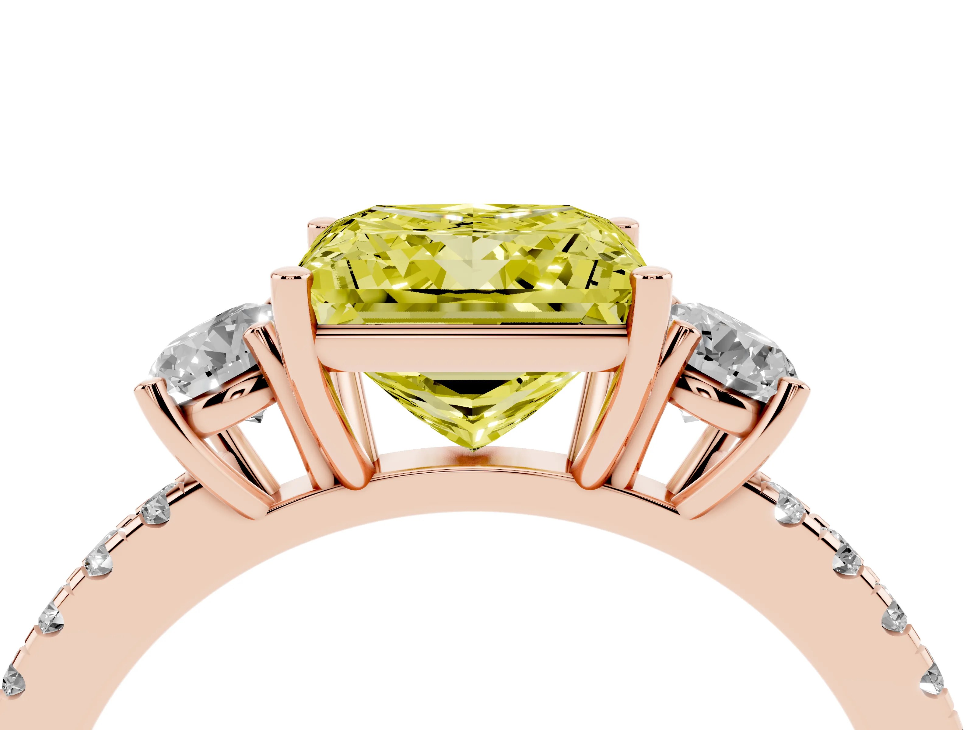 Fancy Yellow Princess Cut Diamond Three-Stone Ring Set in Rose gold with Pavé Band and Graduated Sides