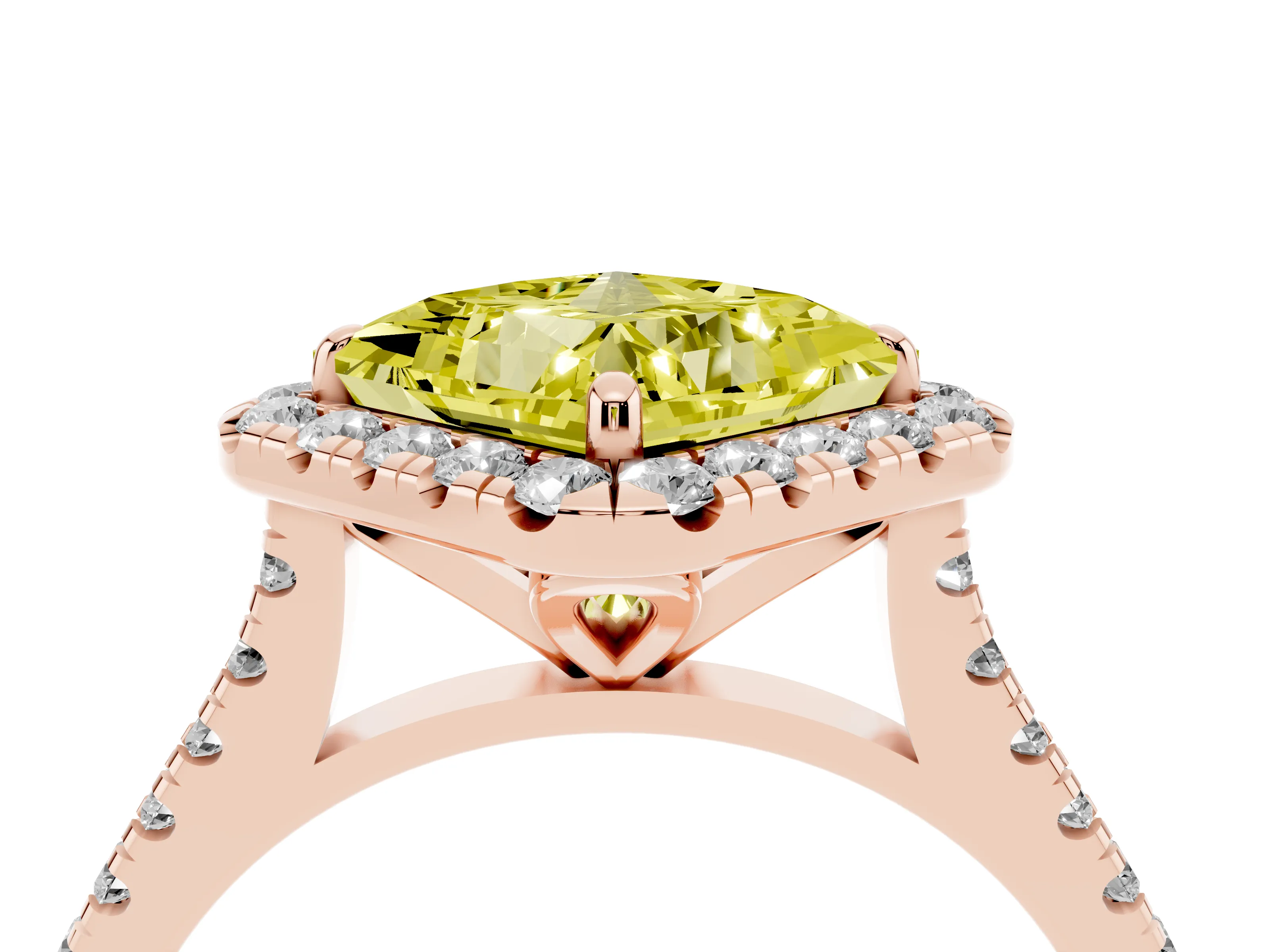 Fancy Yellow Princess Cut Diamond Cushion Halo Ring Set in Rose gold with Pavé Band