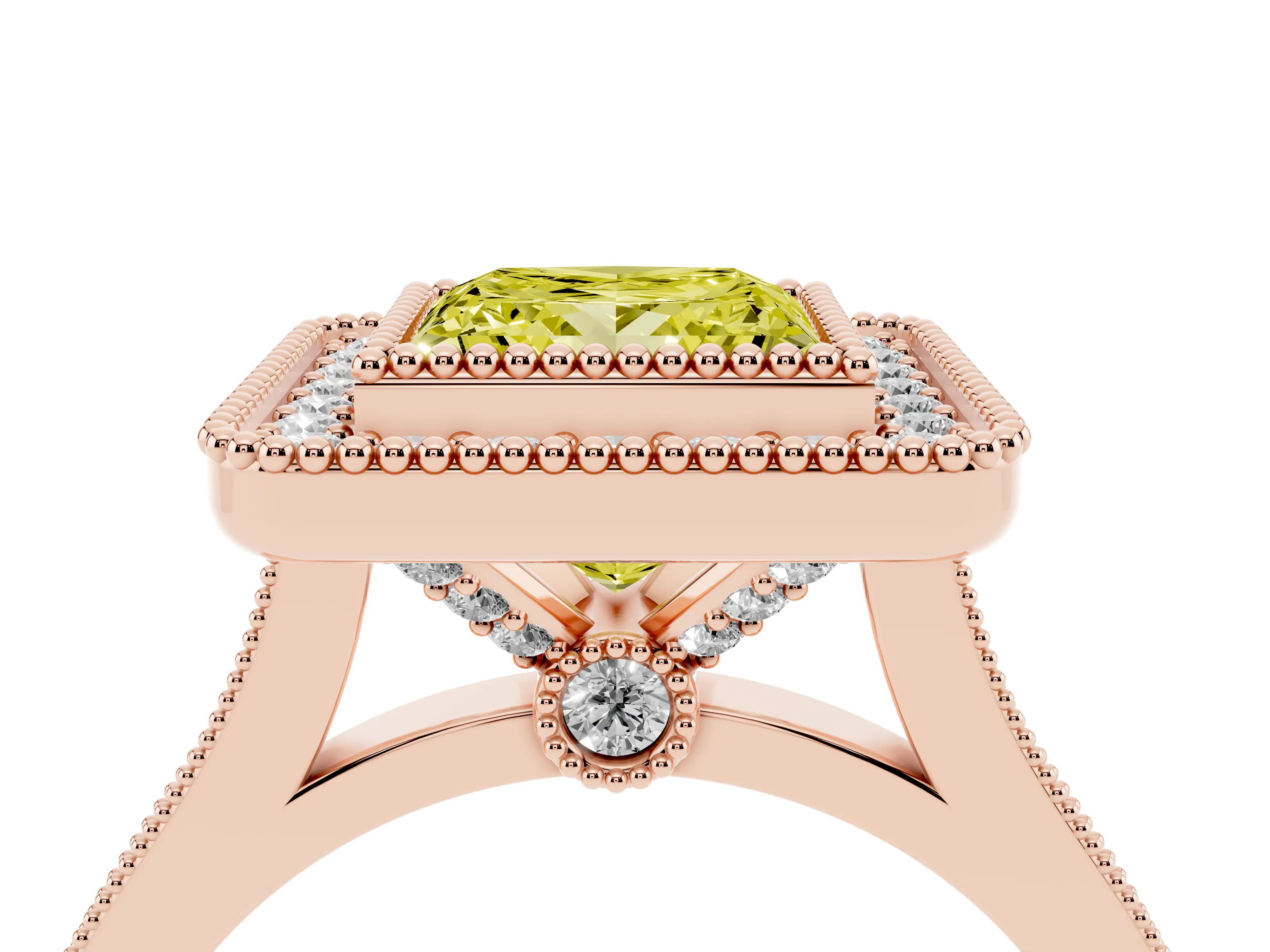 Fancy Yellow Princess Cut Diamond Halo Ring Set in Rose gold with Milgrain Frame and Pavé Band