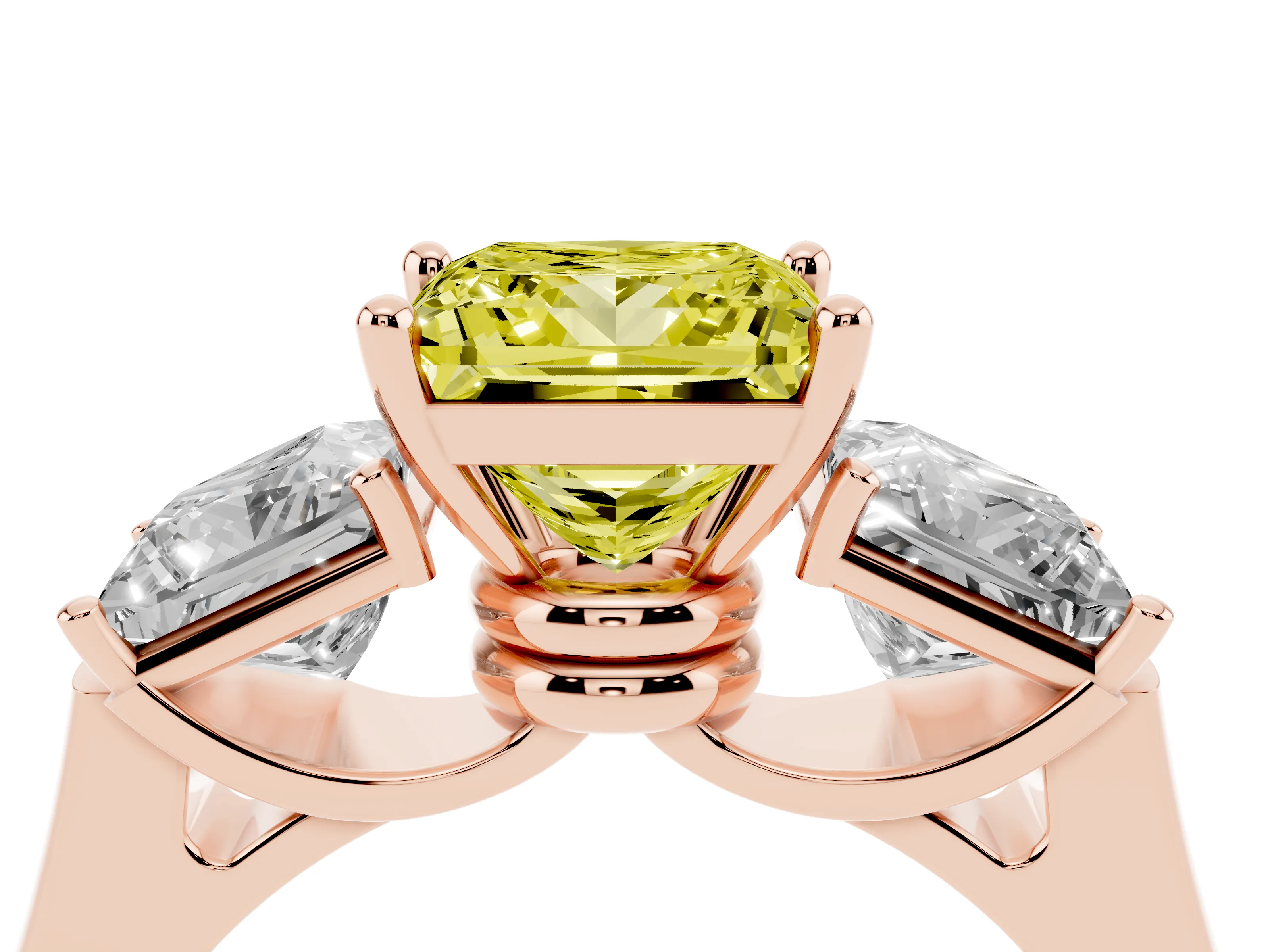 Fancy Yellow Princess Cut Diamond Three-Stone Trellis Ring Set in Rose gold with Comfort Fit Band