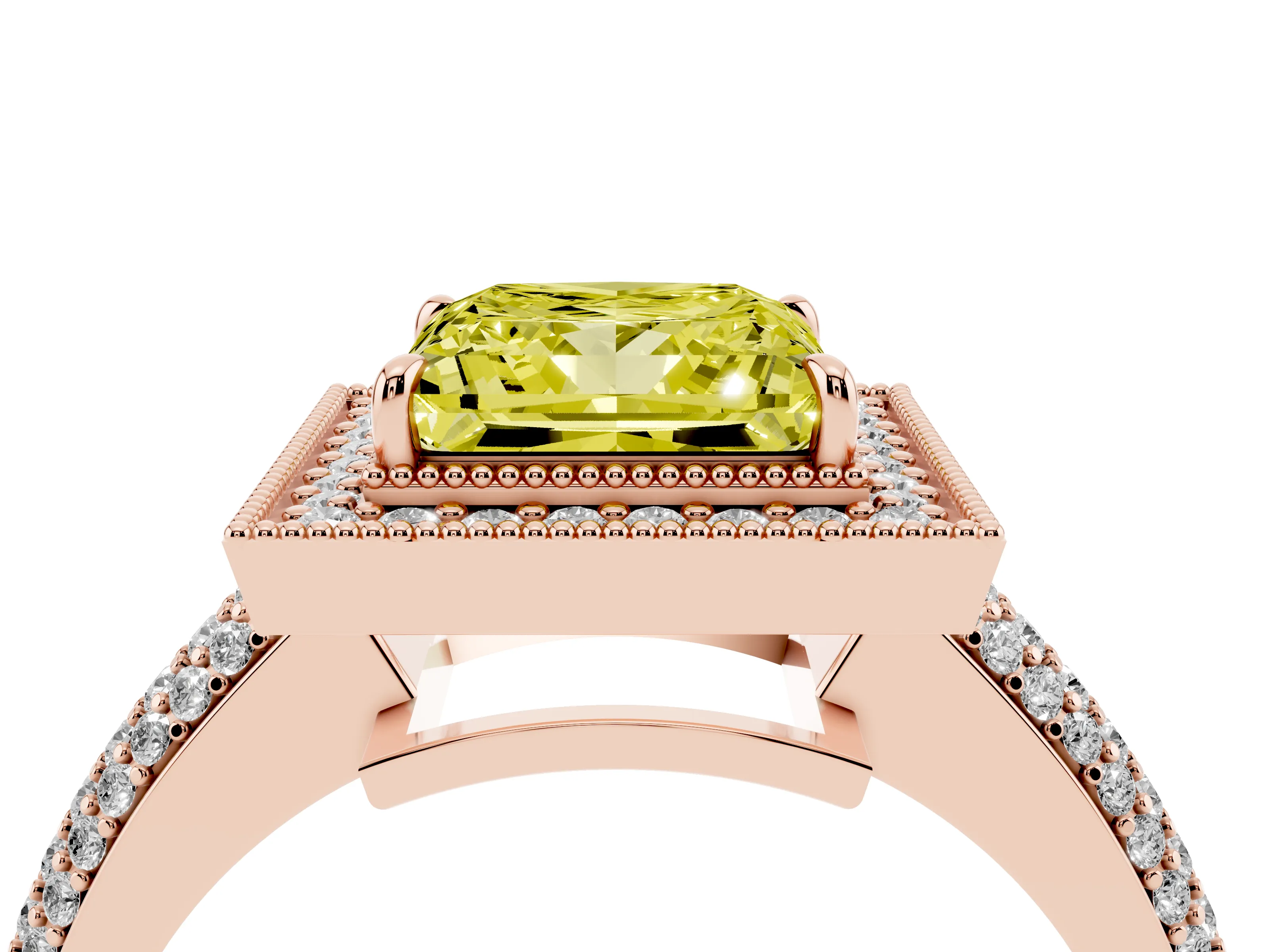 Fancy Yellow Princess Cut Diamond Halo Pavé Band Set in Rose gold with Prong Setting