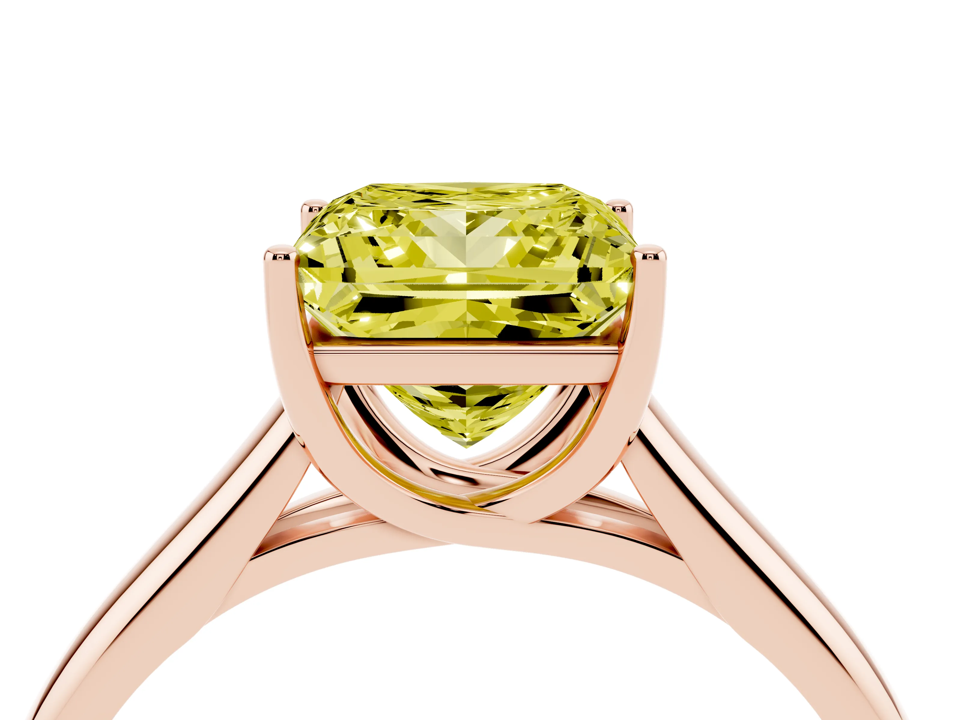 Fancy Yellow Princess Cut Diamond Solitaire Engagement Ring Set in Rose gold with Subtly Tapered Band and Prong Setting