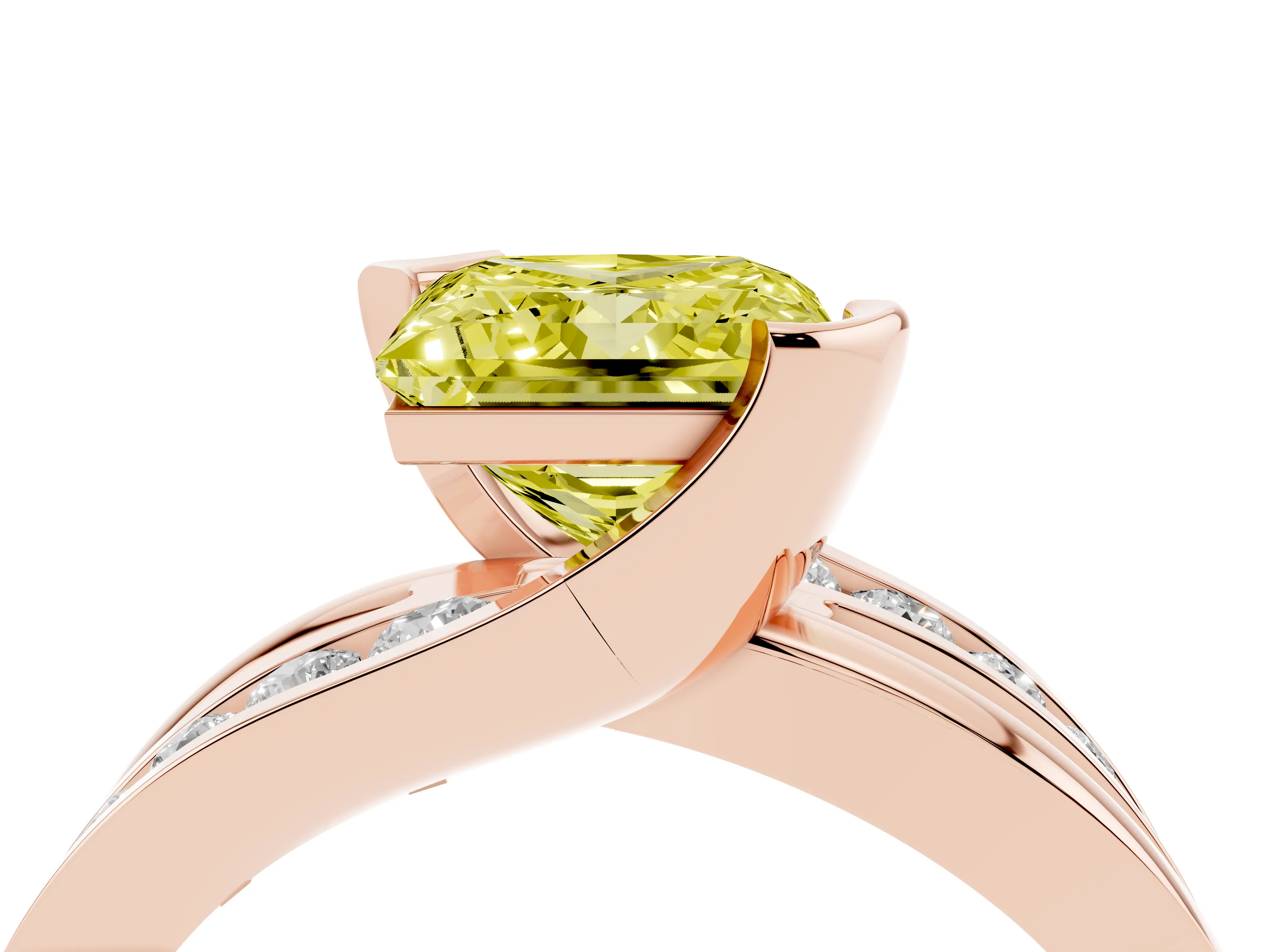 Fancy Yellow Princess Cut Diamond Solitaire Ring Set in Rose gold with Channel Set Split Shank and Tension Prongs