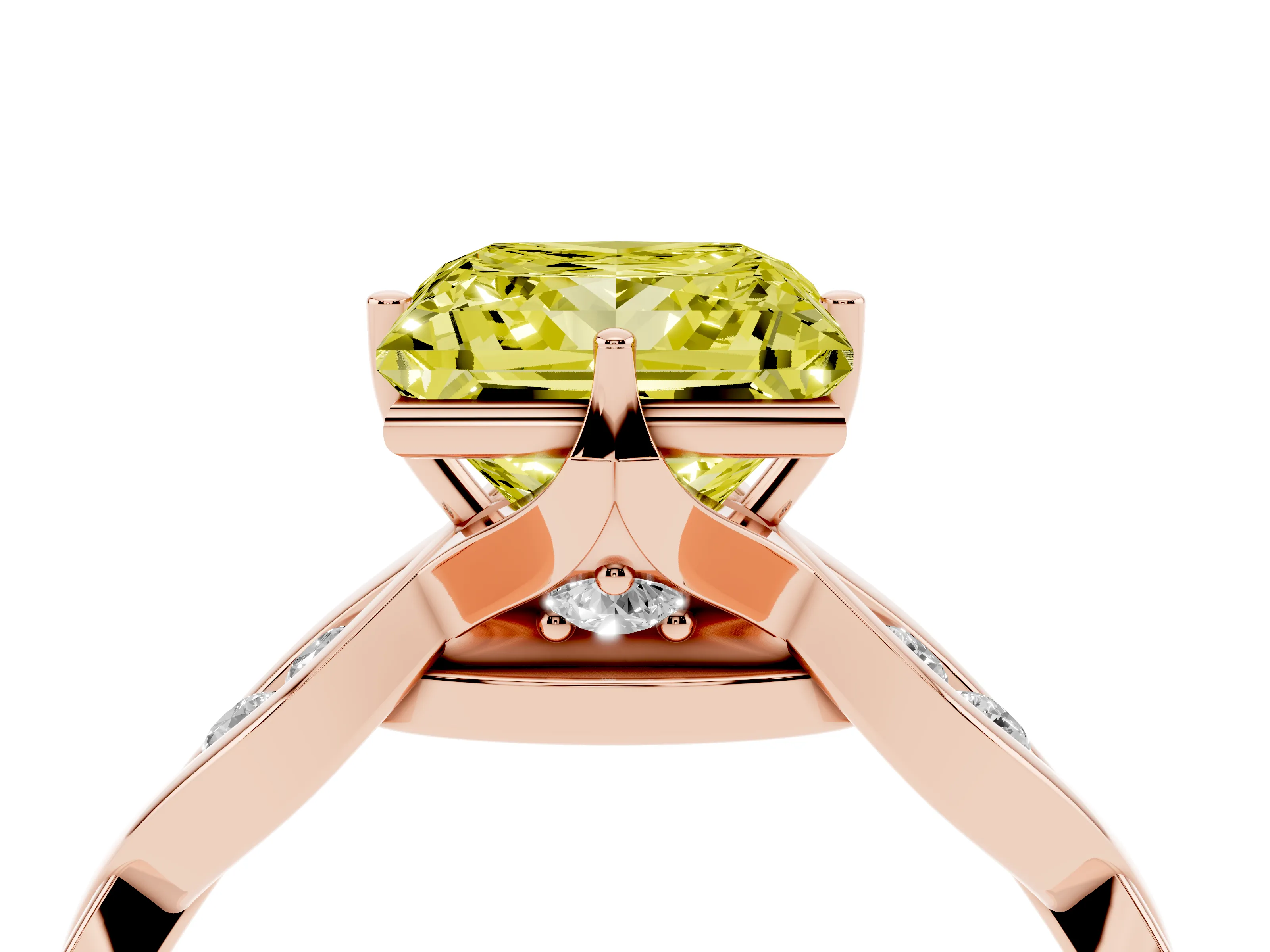 Fancy Yellow Princess Cut Diamond Twist Band Solitaire Ring Set in Rose gold with Leaf Prong Setting and Accent Stones