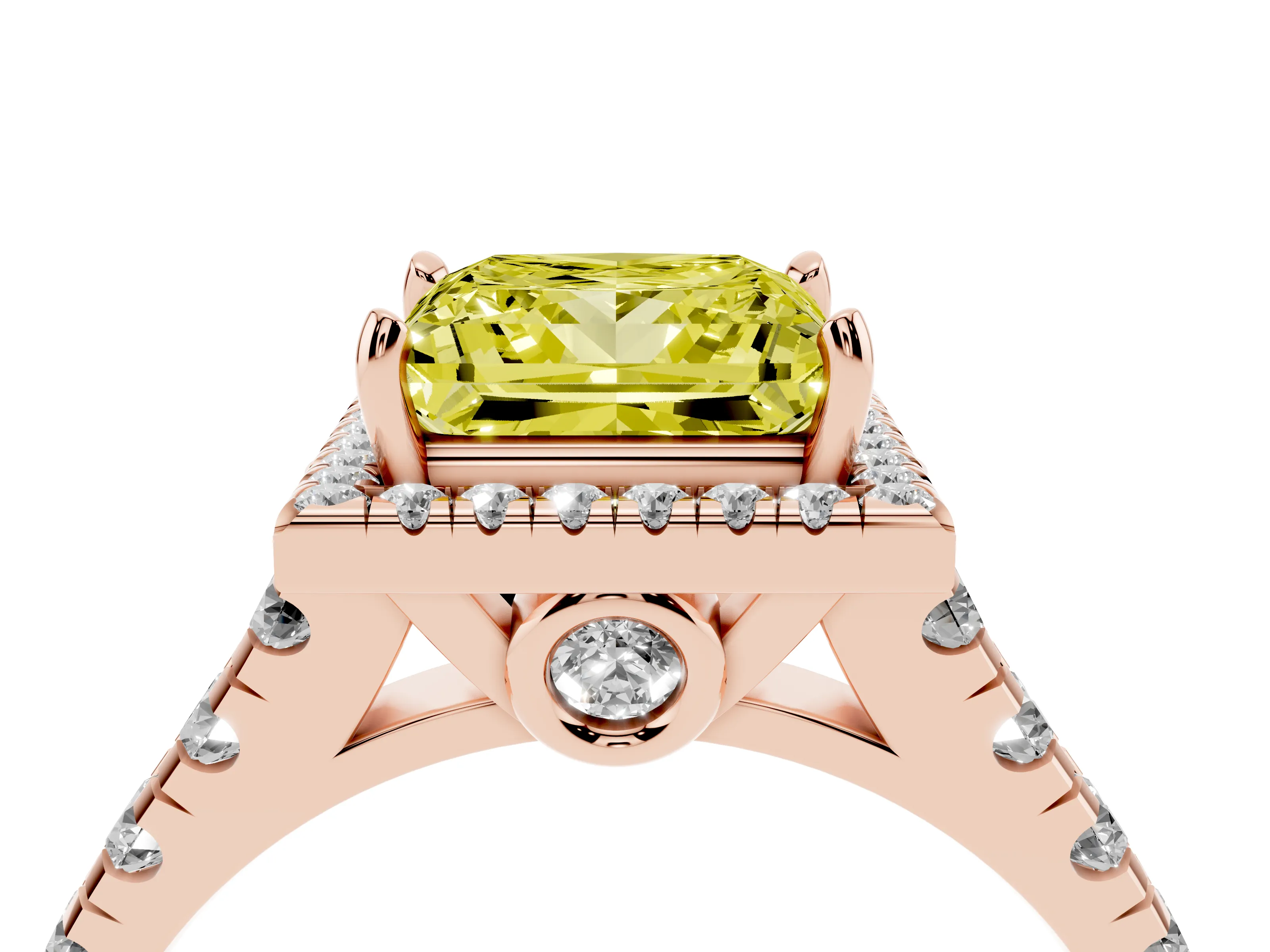 Fancy Yellow Princess Cut Diamond Halo Engagement Ring Set in Rose gold with Pavé Band and Prong-Set Center