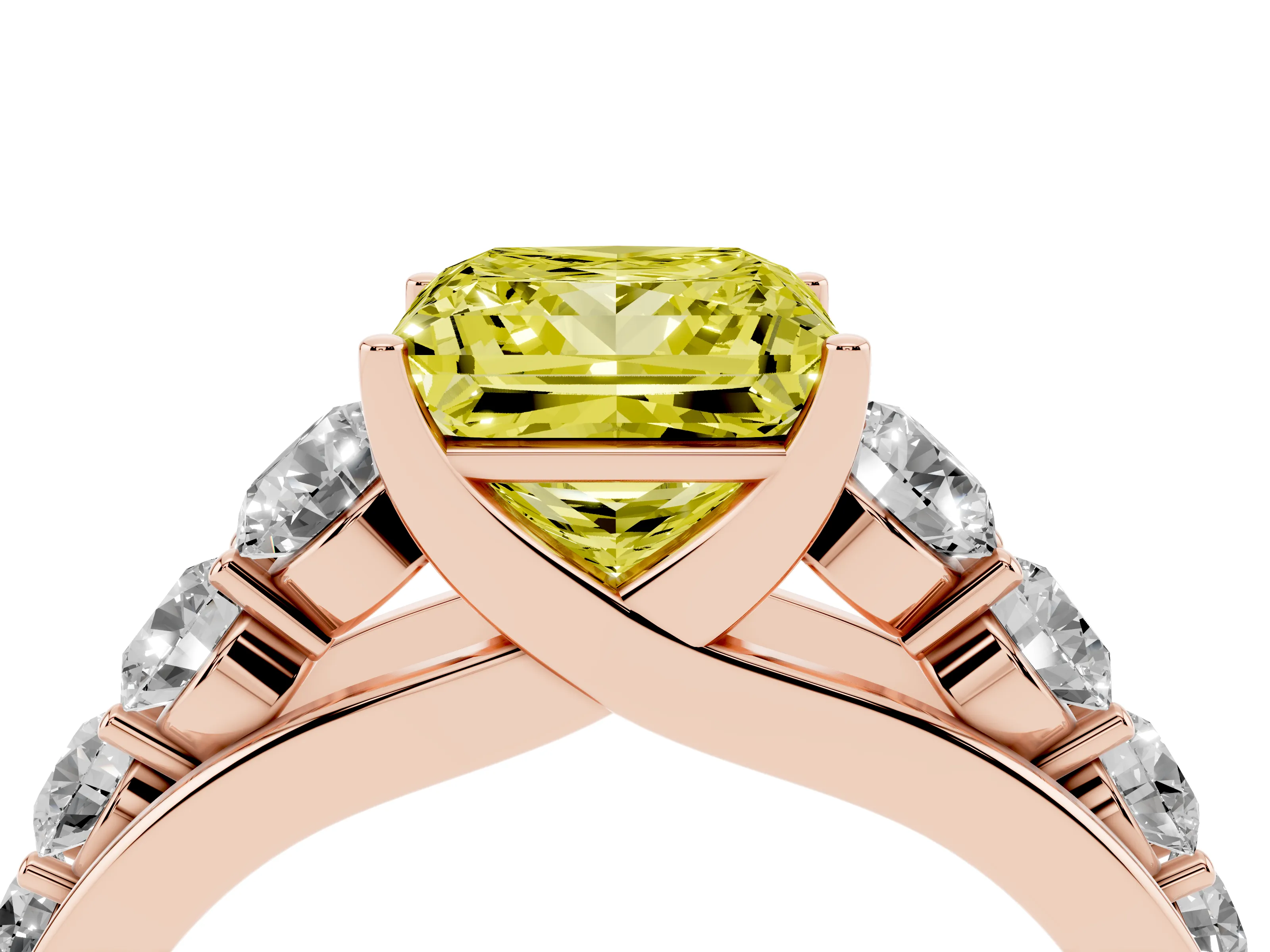Fancy Yellow Princess Cut Diamond Solitaire Ring Set in Rose gold with Pavé-Set Band and Prong Setting