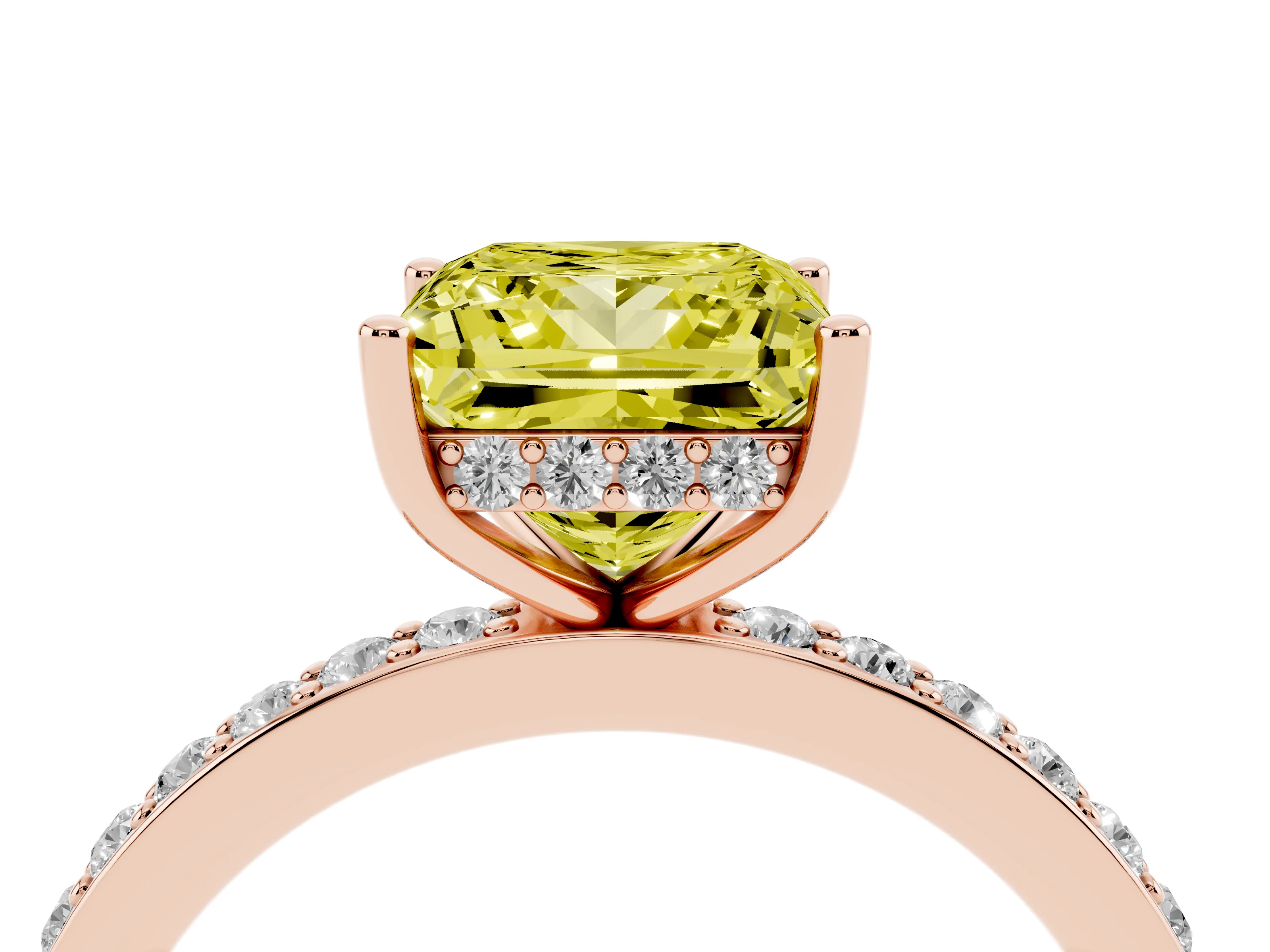 Fancy Yellow Princess Cut Diamond Pavé Band Ring Set in Rose gold with Prong-Set Center Stone