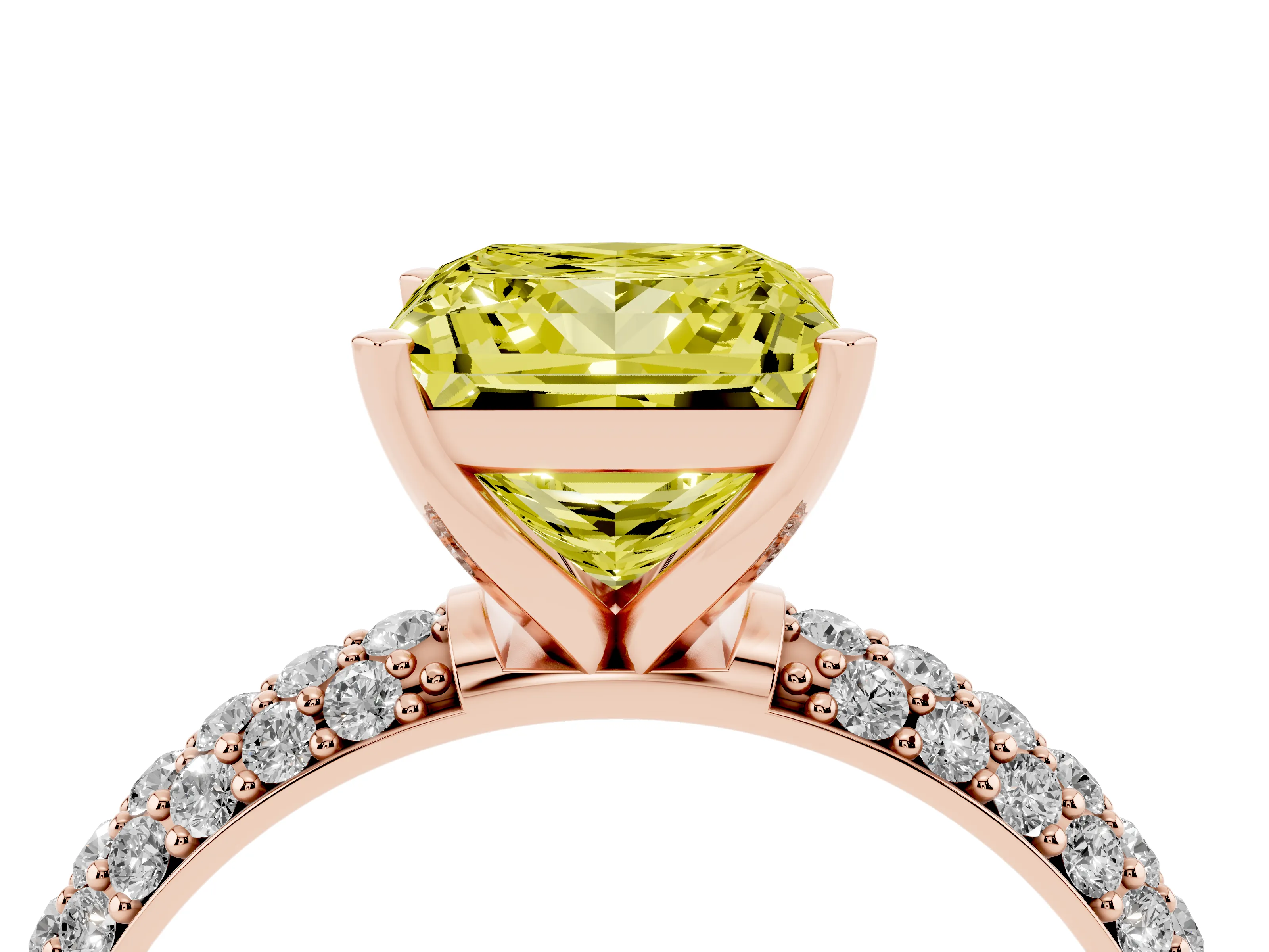 Fancy Yellow Princess Cut Diamond Solitaire Ring Set in Rose gold with Prong Setting and Pavé-Set Band