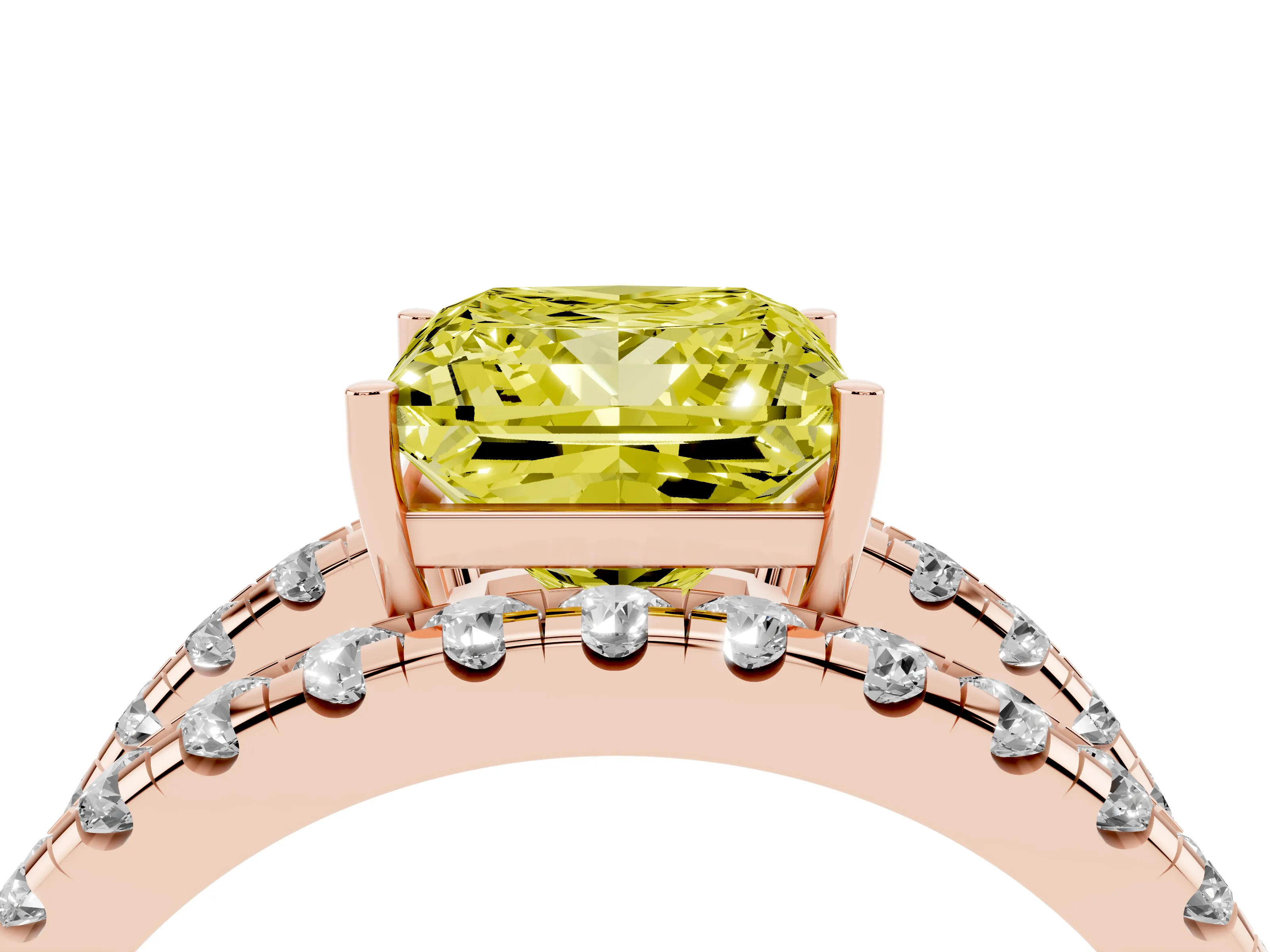 Fancy Yellow Princess Cut Diamond Split Shank Pavé Solitaire Ring Set in Rose gold with Open Shank Design