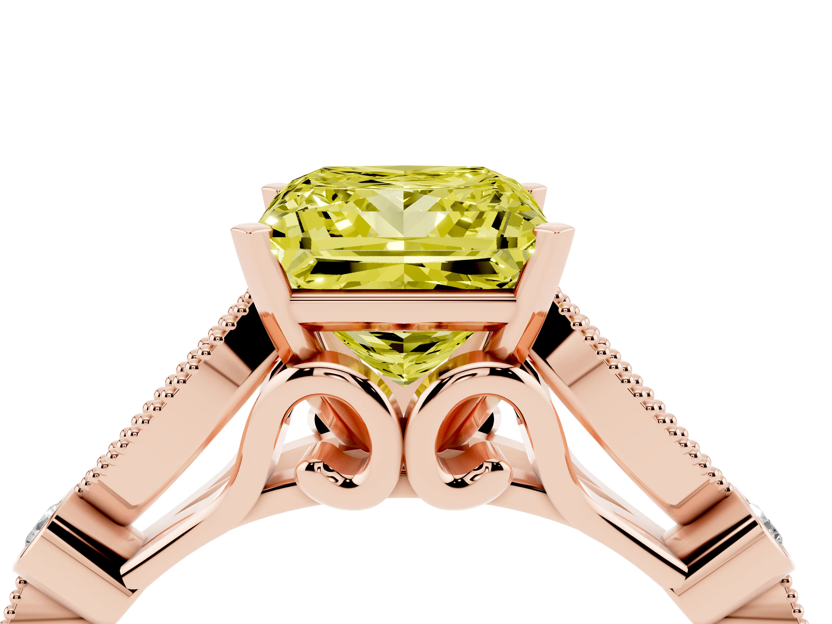 Fancy Yellow Princess Cut Diamond Solitaire Ring Set in Rose gold with Milgrain Marquise and Bezel Accents