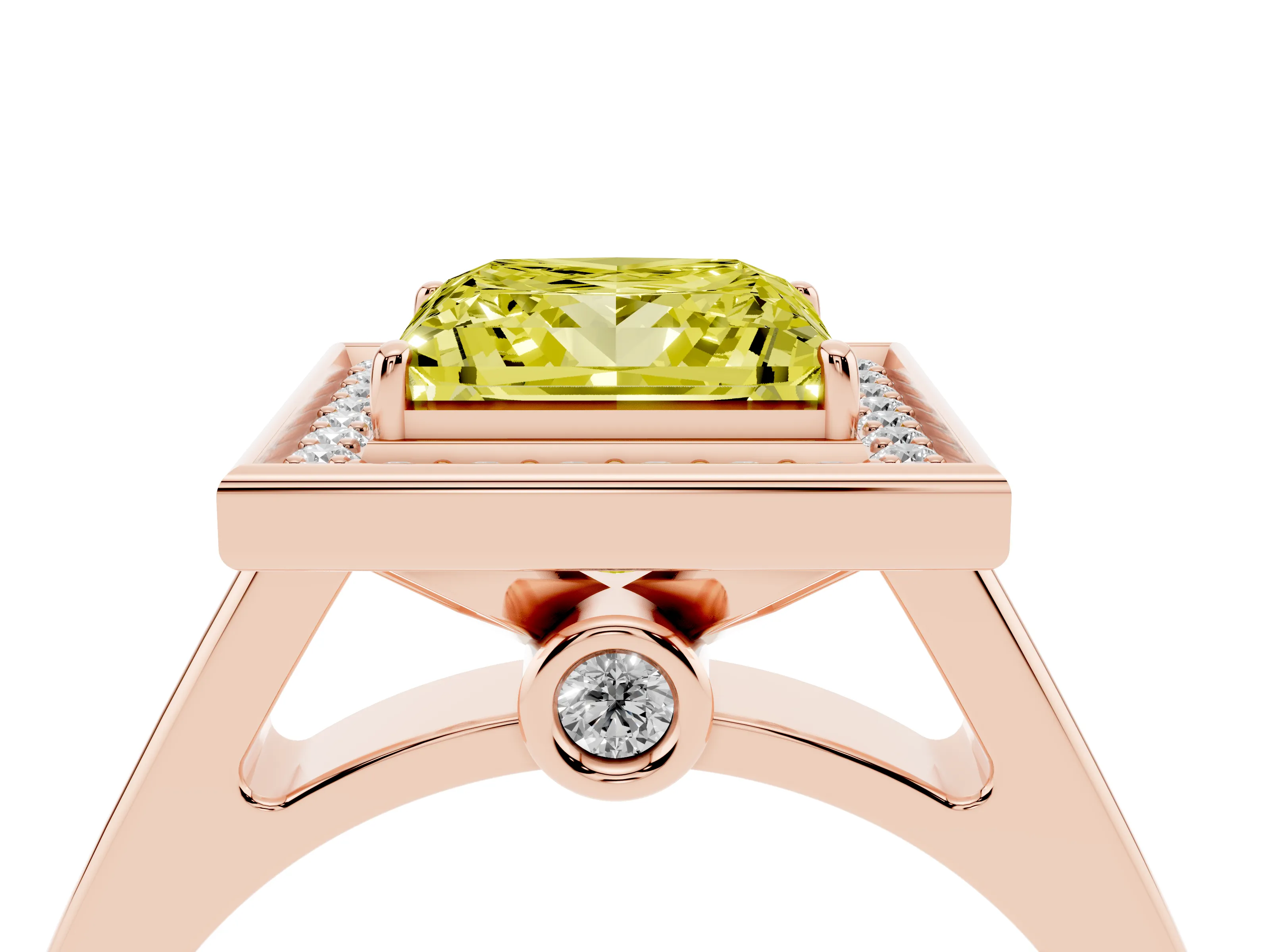 Fancy Yellow Princess Cut Diamond Halo Solitaire Ring Set in Rose gold with Pavé Band and Bezel Setting