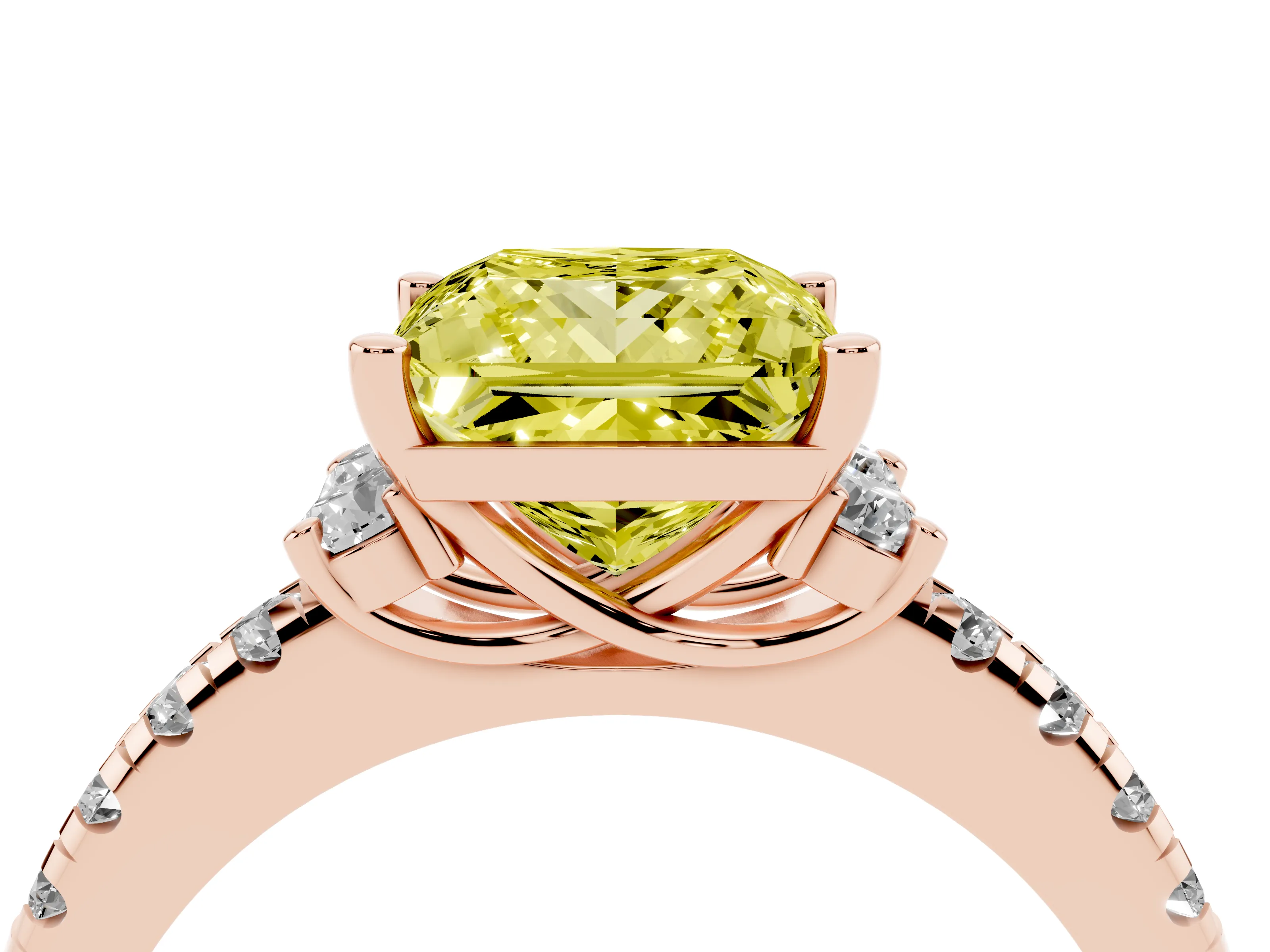 Fancy Yellow Princess Cut Diamond Three-Stone Pavé Ring Set in Rose gold with Prong Setting