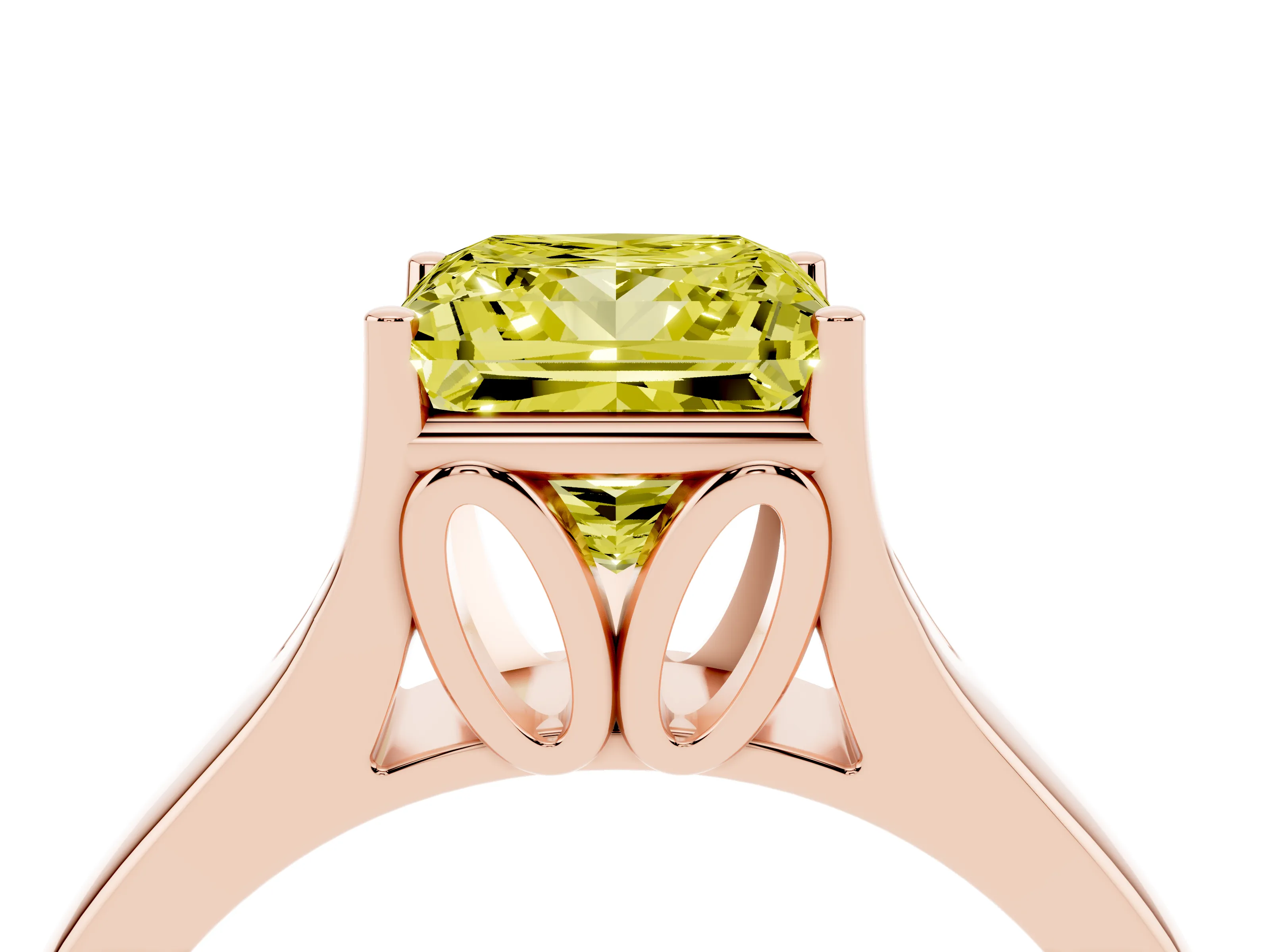 Fancy Yellow Princess Cut Diamond Solitaire Ring Set in Rose gold with Arched Cathedral Band and Prong Setting