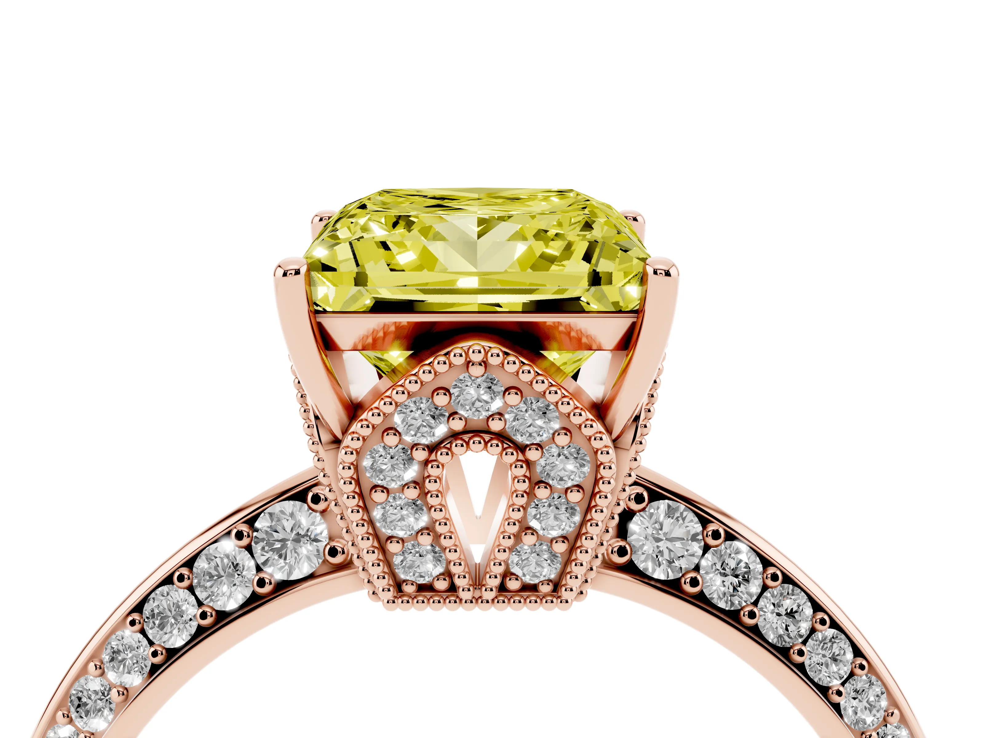 Fancy Yellow Princess Cut Diamond Solitaire Engagement Ring Set in Rose gold with Pavé Split Shank and Prong Setting