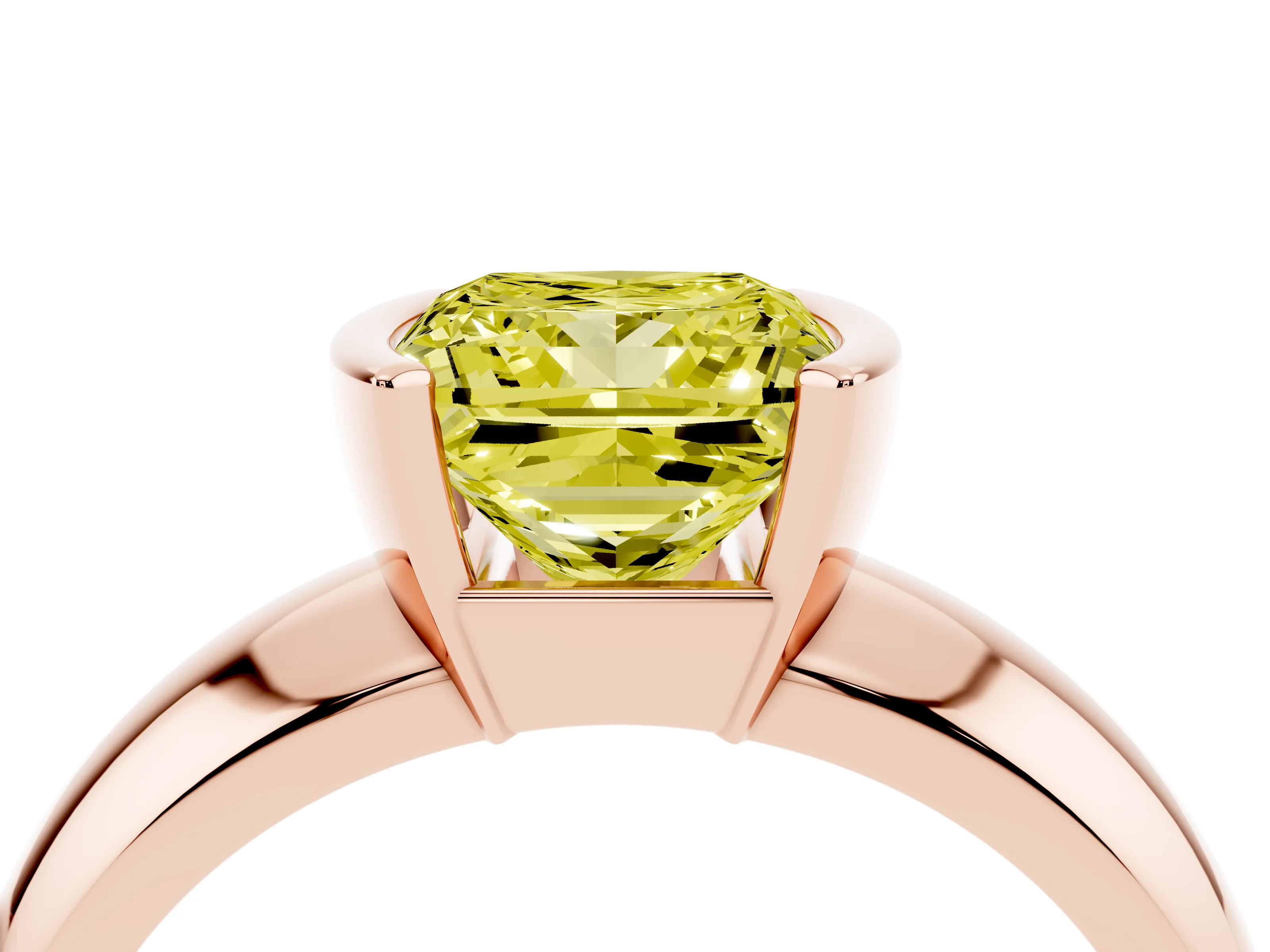 Fancy Yellow Princess Cut Diamond Solitaire Tension Set Ring Set in Rose gold with Wide Band