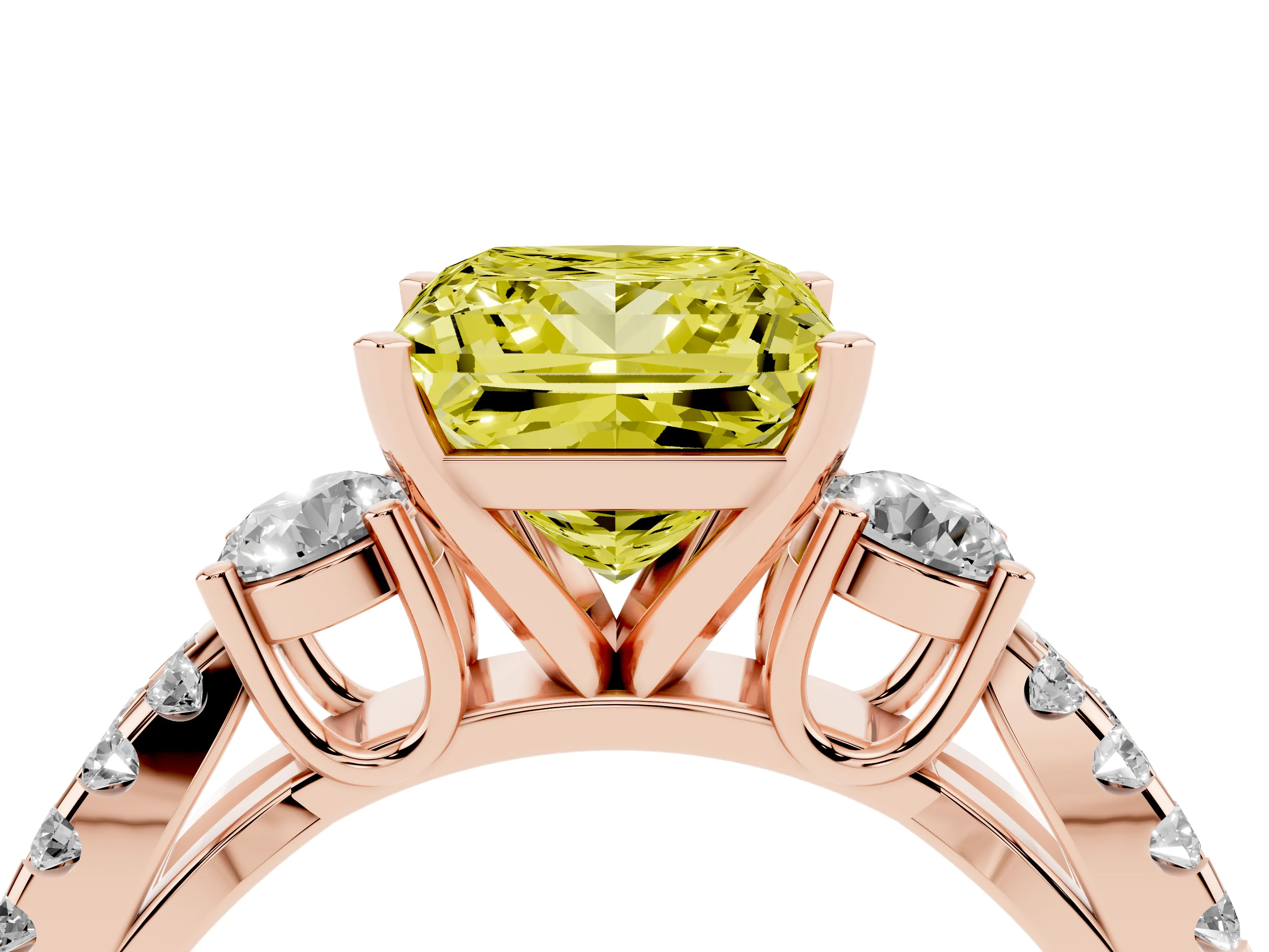 Fancy Yellow Princess Cut Diamond Three-Stone Ring Set in Rose gold with Pavé Split Shank and Prong Setting