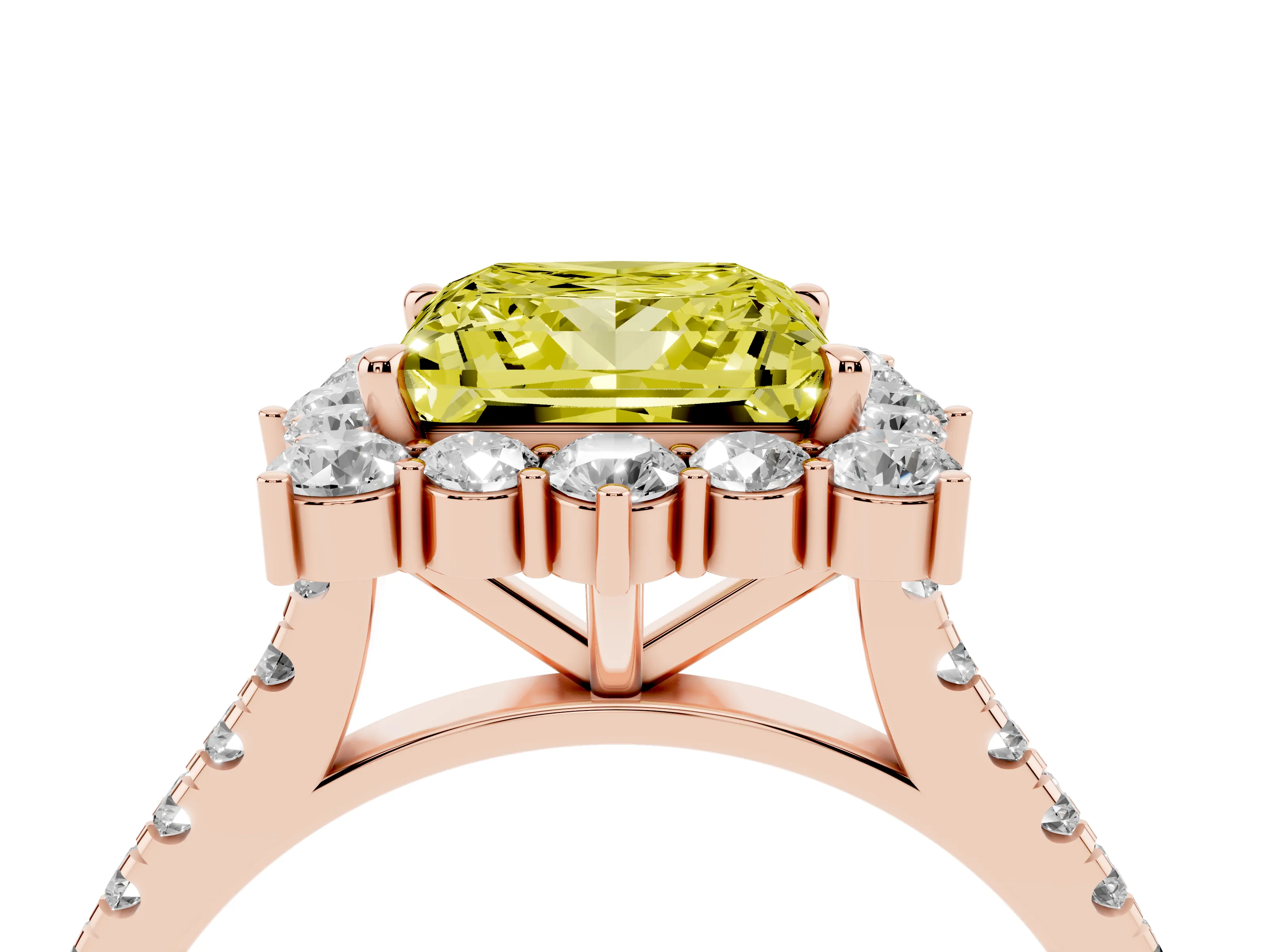 Fancy Yellow Princess Cut Diamond Halo Ring Set in Rose gold with Pavé Band and Prong Setting