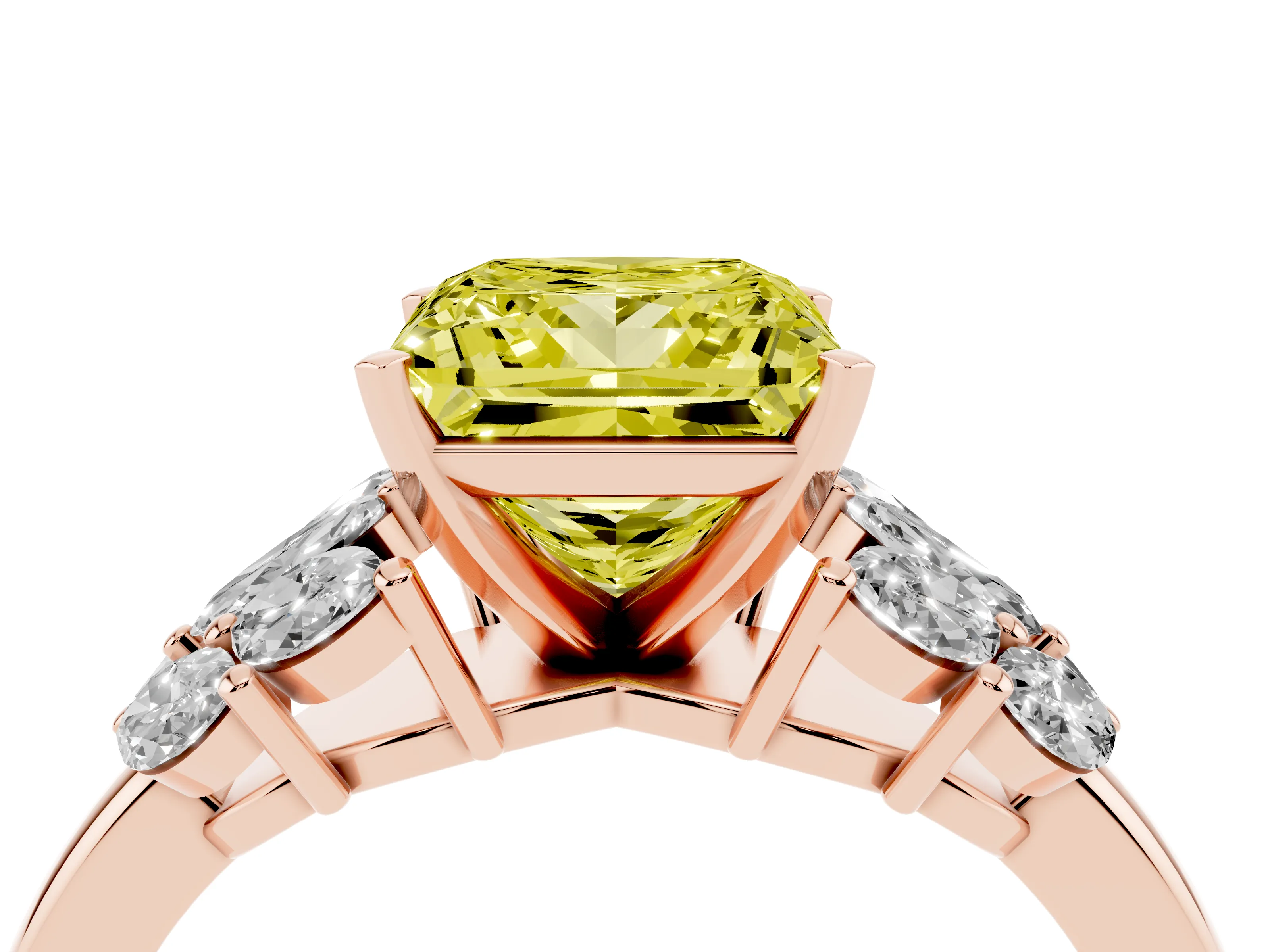 Fancy Yellow Princess Cut Diamond Cluster Leaf Design Ring Set in Rose gold with Prong Setting