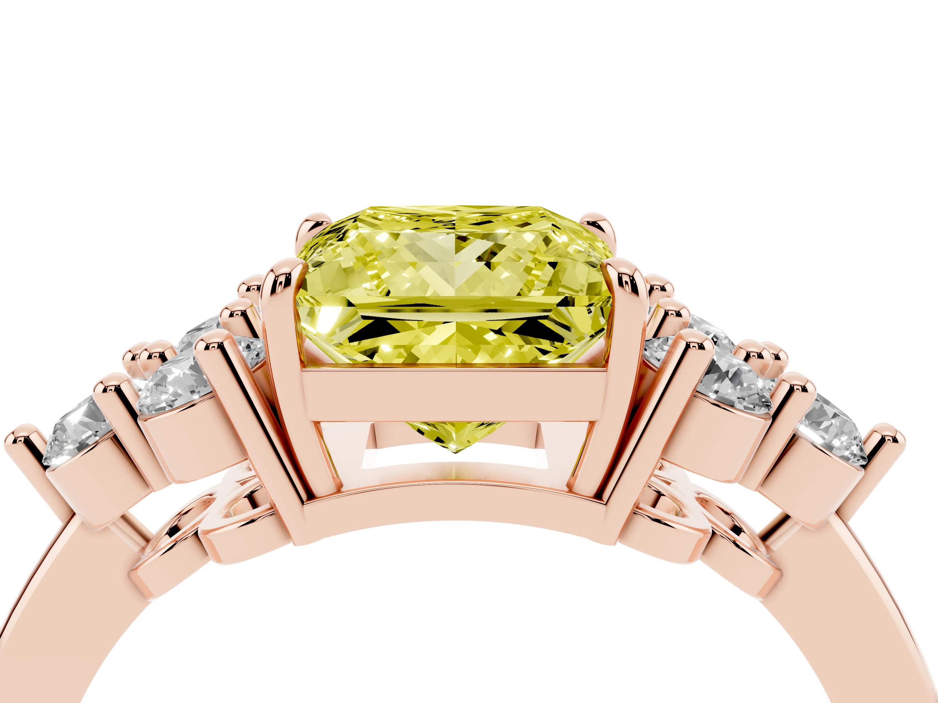 Fancy Yellow Princess Cut Diamond Solitaire Ring Set in Rose gold with Cluster Accents on Each Side