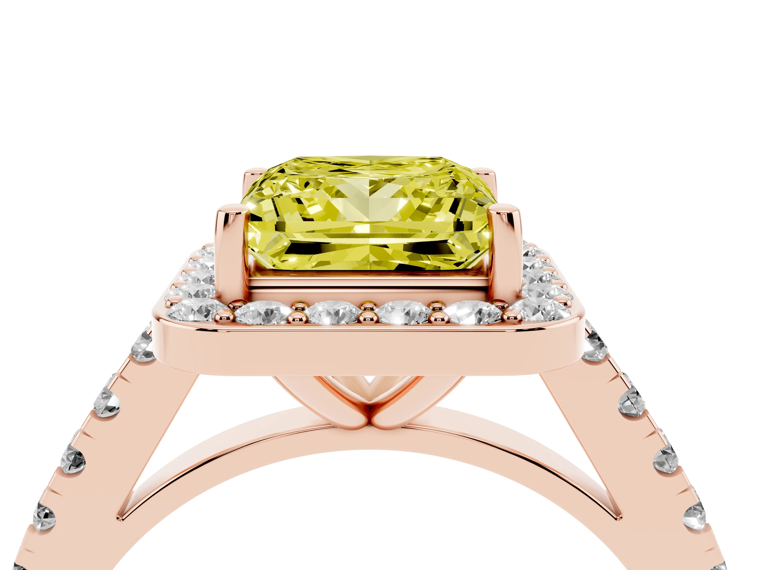 Fancy Yellow Princess Cut Diamond Halo Ring Set in Rose gold with Round Pavé Split Shank and Prong Setting
