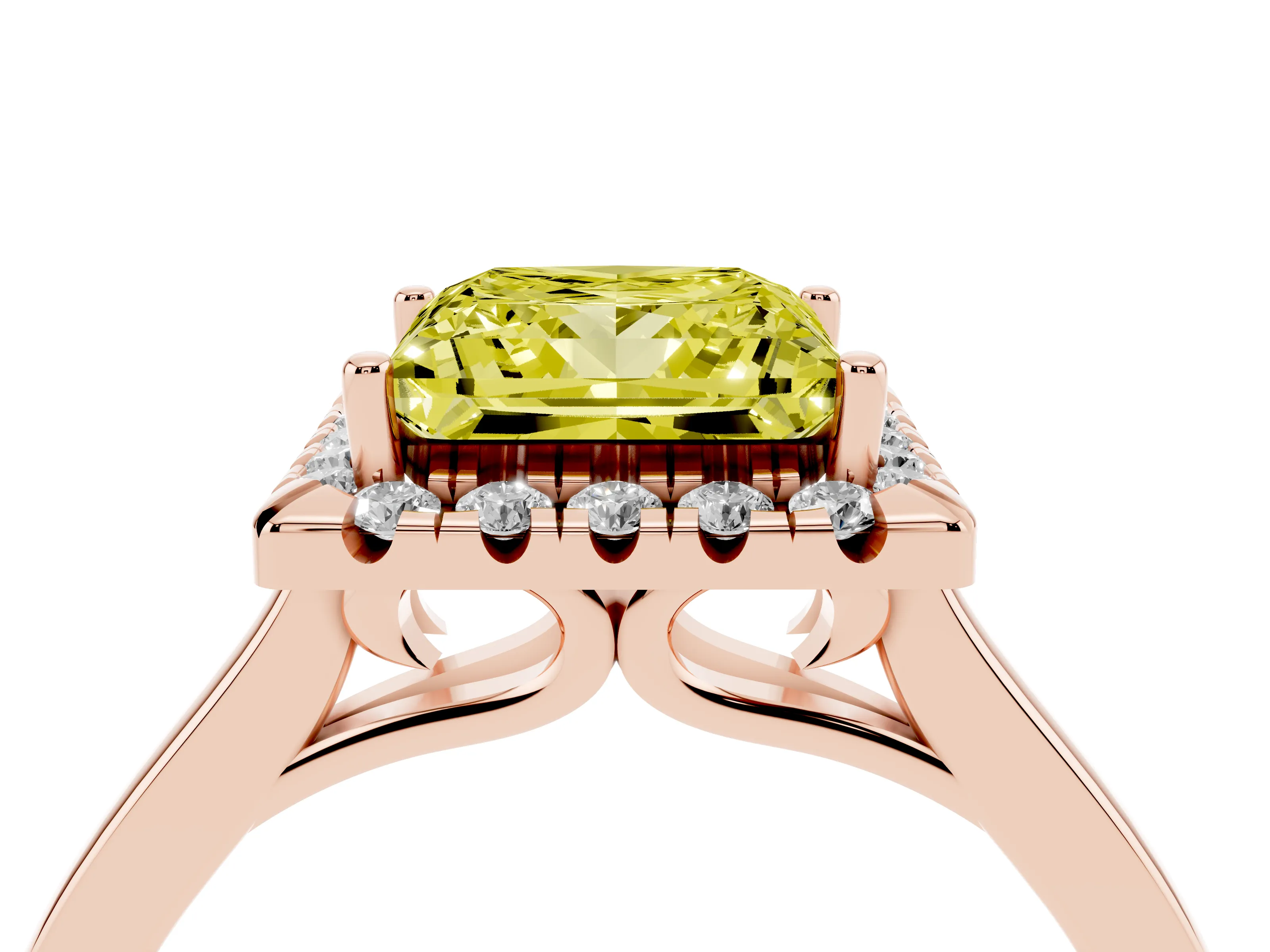 Fancy Yellow Princess Cut Halo Round Diamond Solitaire Ring Set in Rose gold with Pavé Band and Prong Setting
