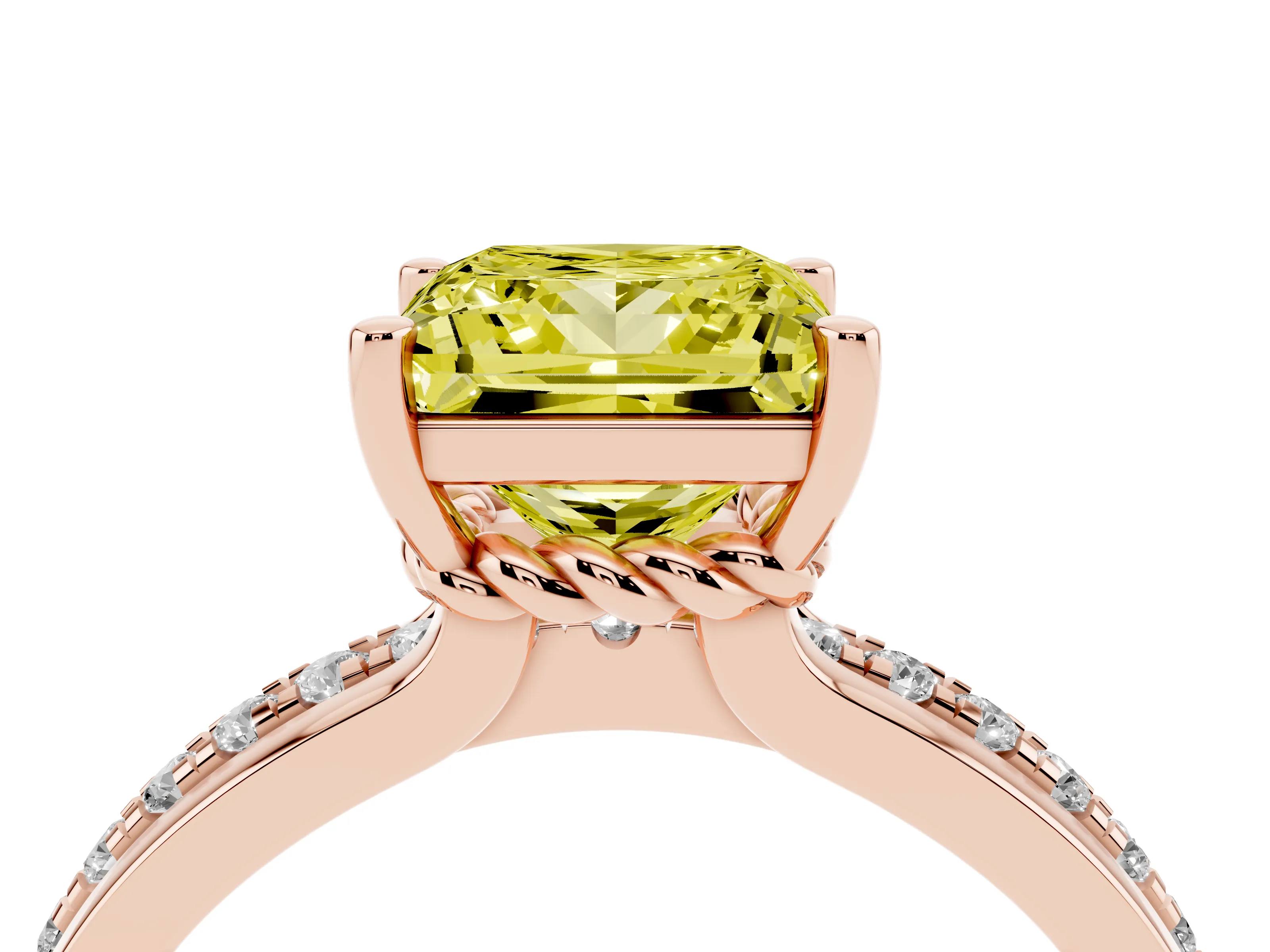 Fancy Yellow Princess Cut Diamond Solitaire Ring Set in Rose gold with Channel Set Band and Prong Setting